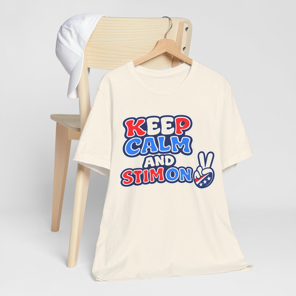 Keep Calm and Stim On Shirt Autism Awareness T Shirt Retro Peace Sign Tee Red White Blue Neurodiversity Sensory Support Gift