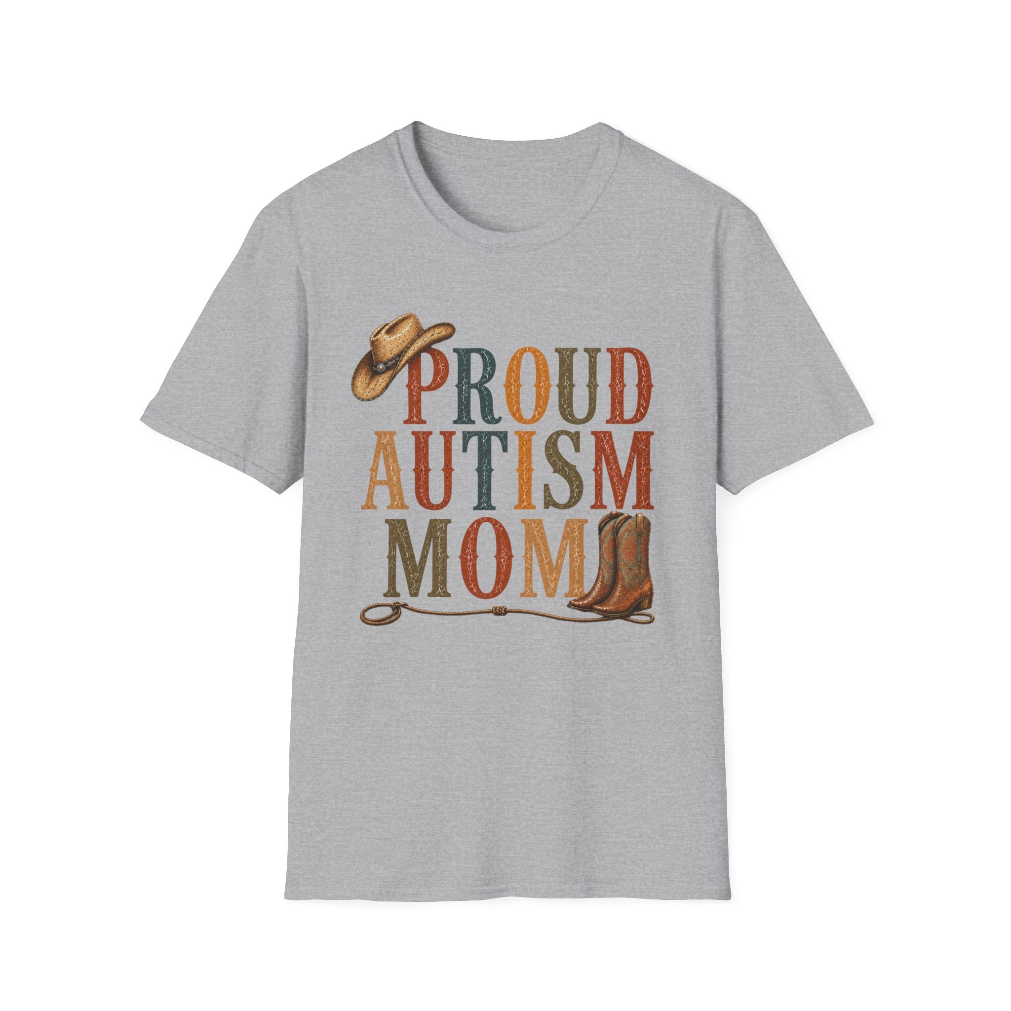 Proud Autism Mom T-Shirt — Rustic Western Cowboy Hat & Boots Design