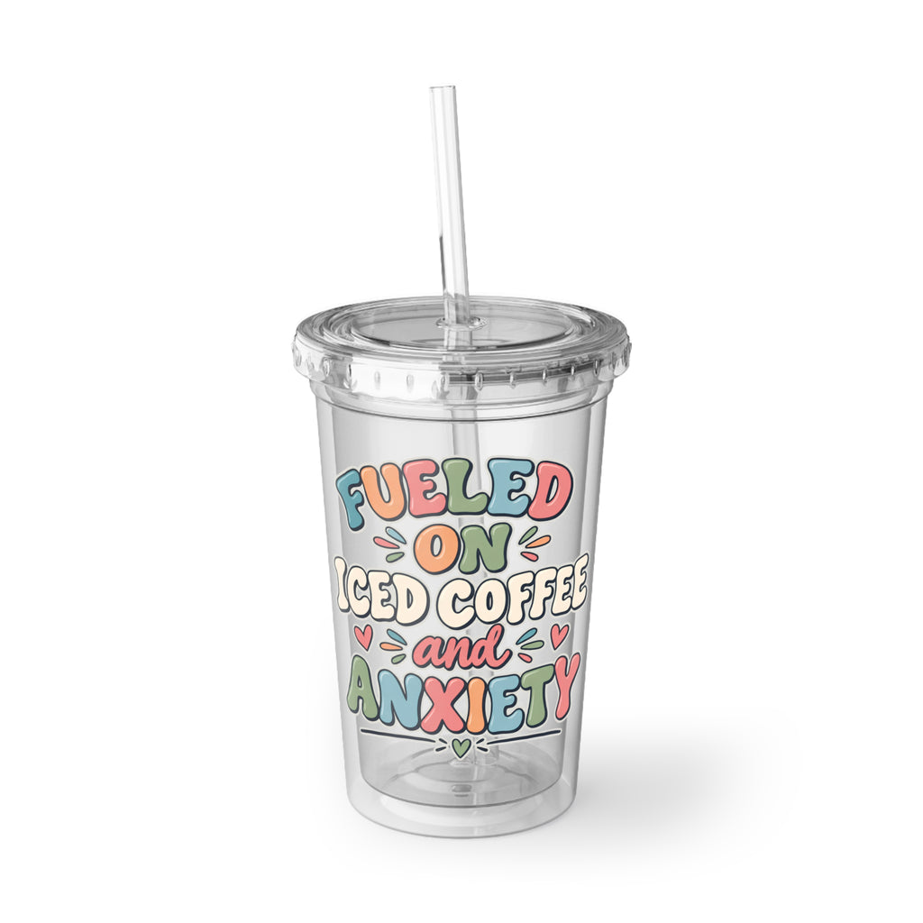 Fueled On Iced Coffee Anxiety Cup, Funny Mental Health Iced Coffee Cup, Anxiety Humor Tumbler, Coffee Lover Gift, Retro Bubble Letters