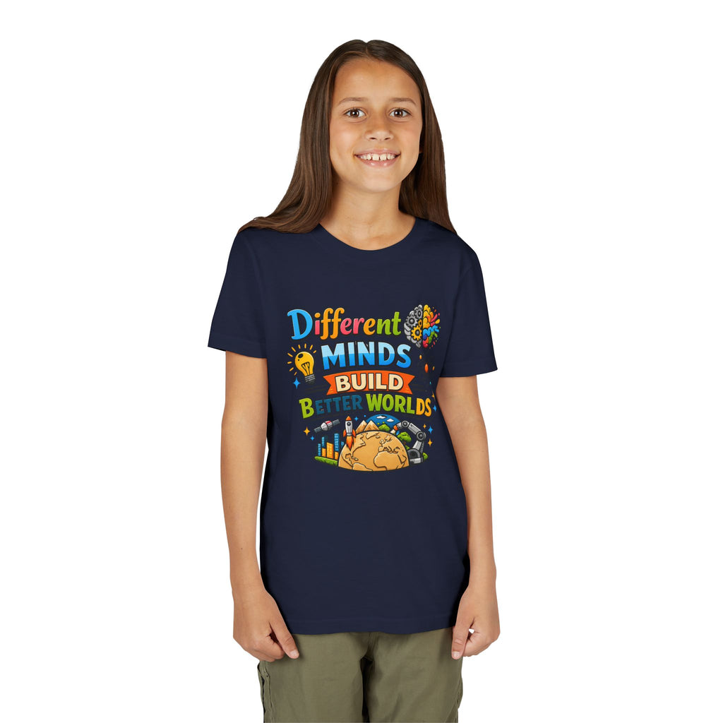 Different Minds Build Better Worlds Youth Tee | STEM, Creativity, Inclusion