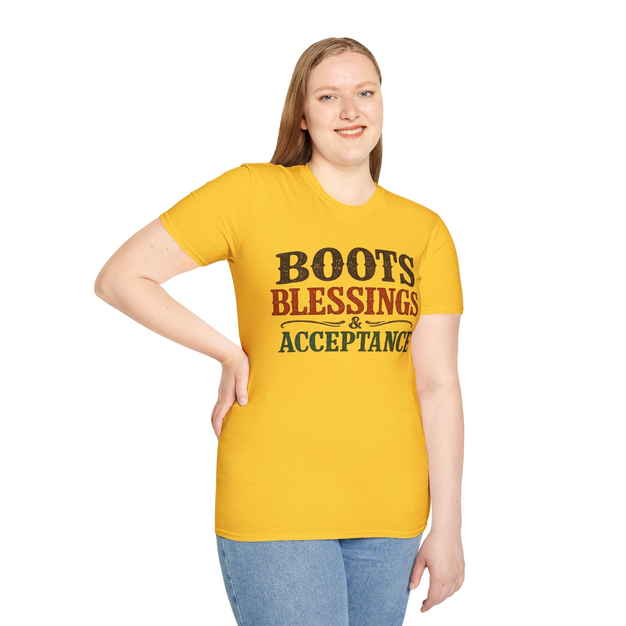 Boots Blessings & Acceptance T-Shirt | Western Typography, Rustic Faith Tee