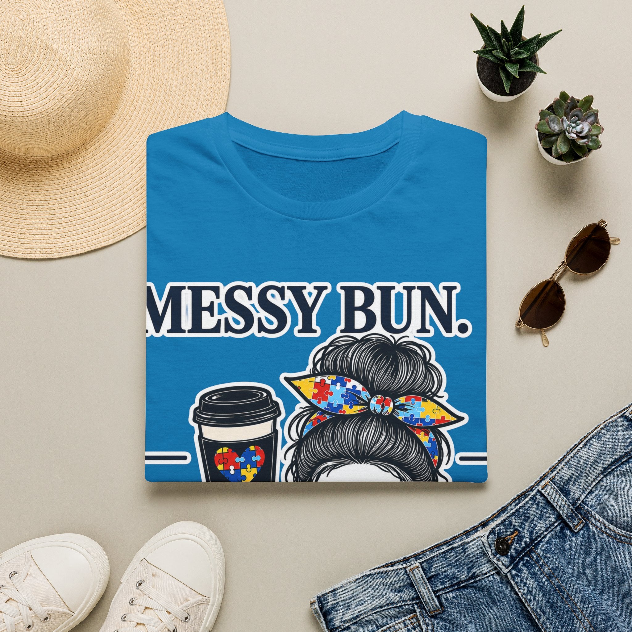 Messy Bun Coffee Mom Life Autism Acceptance Shirt | Autism Mom T-Shirt | Neurodiversity Support Tee | Special Needs Mom Gift
