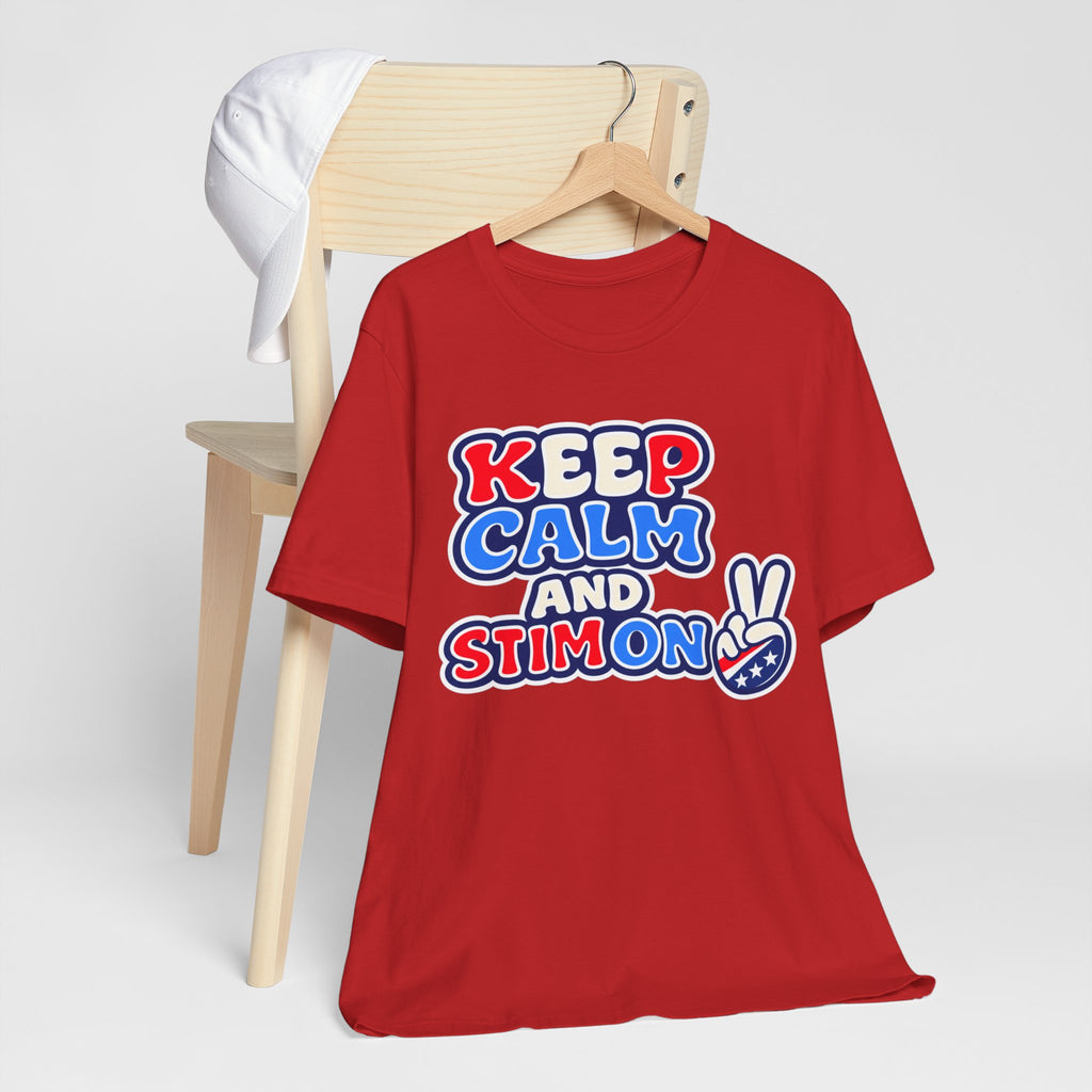 Keep Calm and Stim On Shirt Autism Awareness T Shirt Retro Peace Sign Tee Red White Blue Neurodiversity Sensory Support Gift
