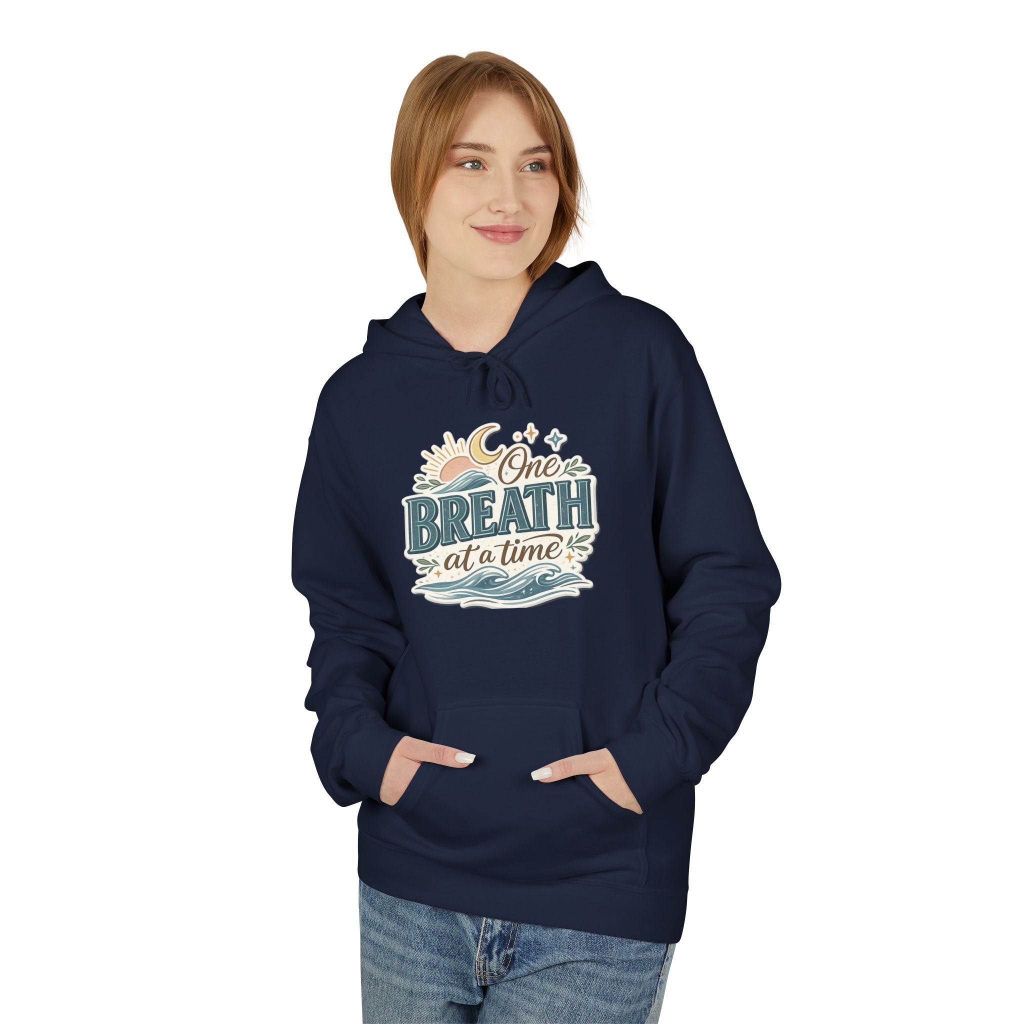 One Breath at a Time Hoodie | Ocean Waves Sun Illustration