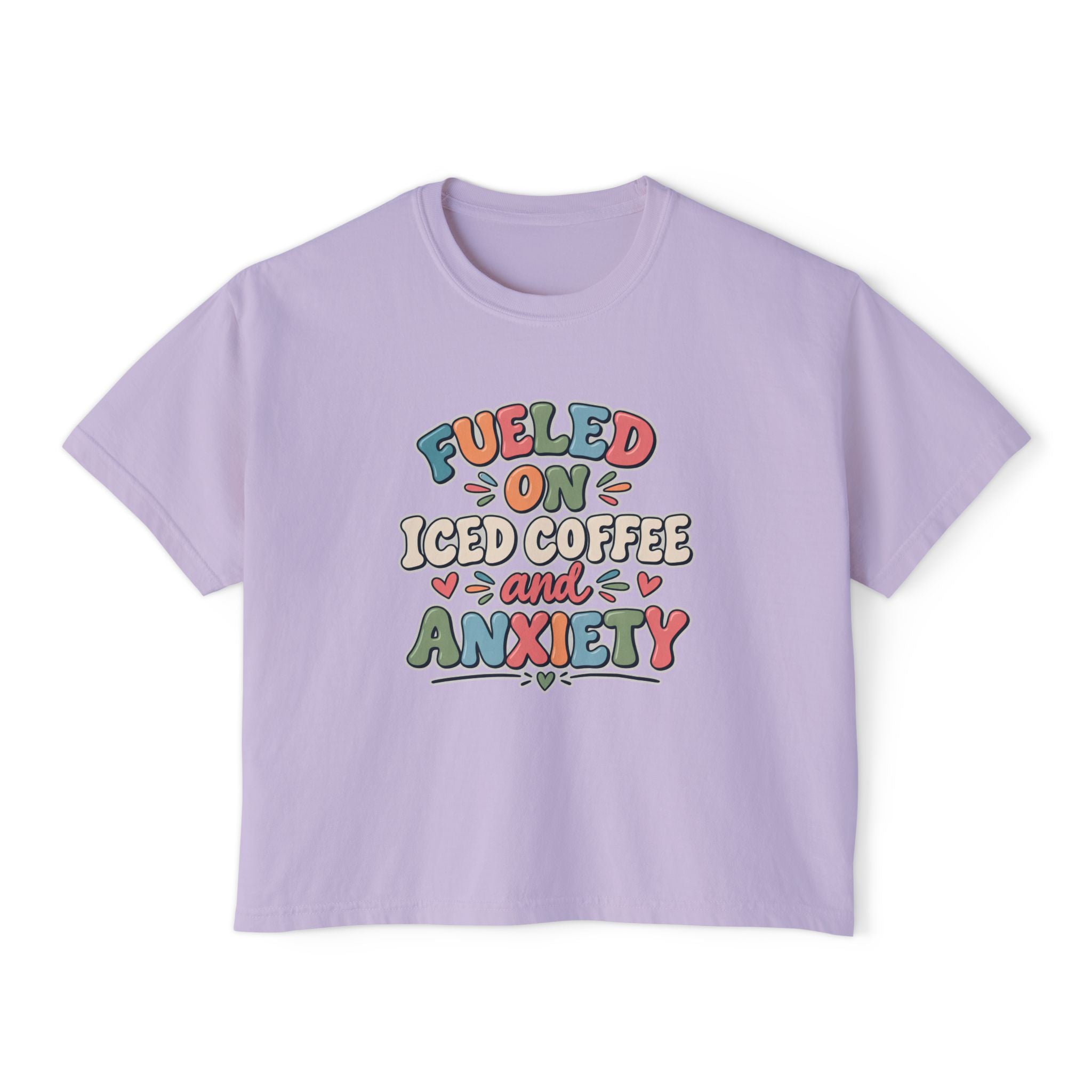 Fueled On Iced Coffee And Anxiety Boxy Tee, Women's Cute Retro Lettering Shirt, Funny Mental Health T-Shirt, Trendy Coffee Lover Gift