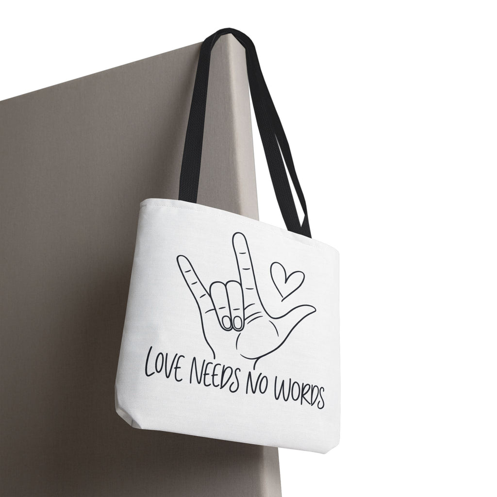 Love Needs No Words Tote Bag, ASL I Love You Hand Illustration Canvas Bag, Autism Acceptance Tote, Sign Language Nonverbal Gift