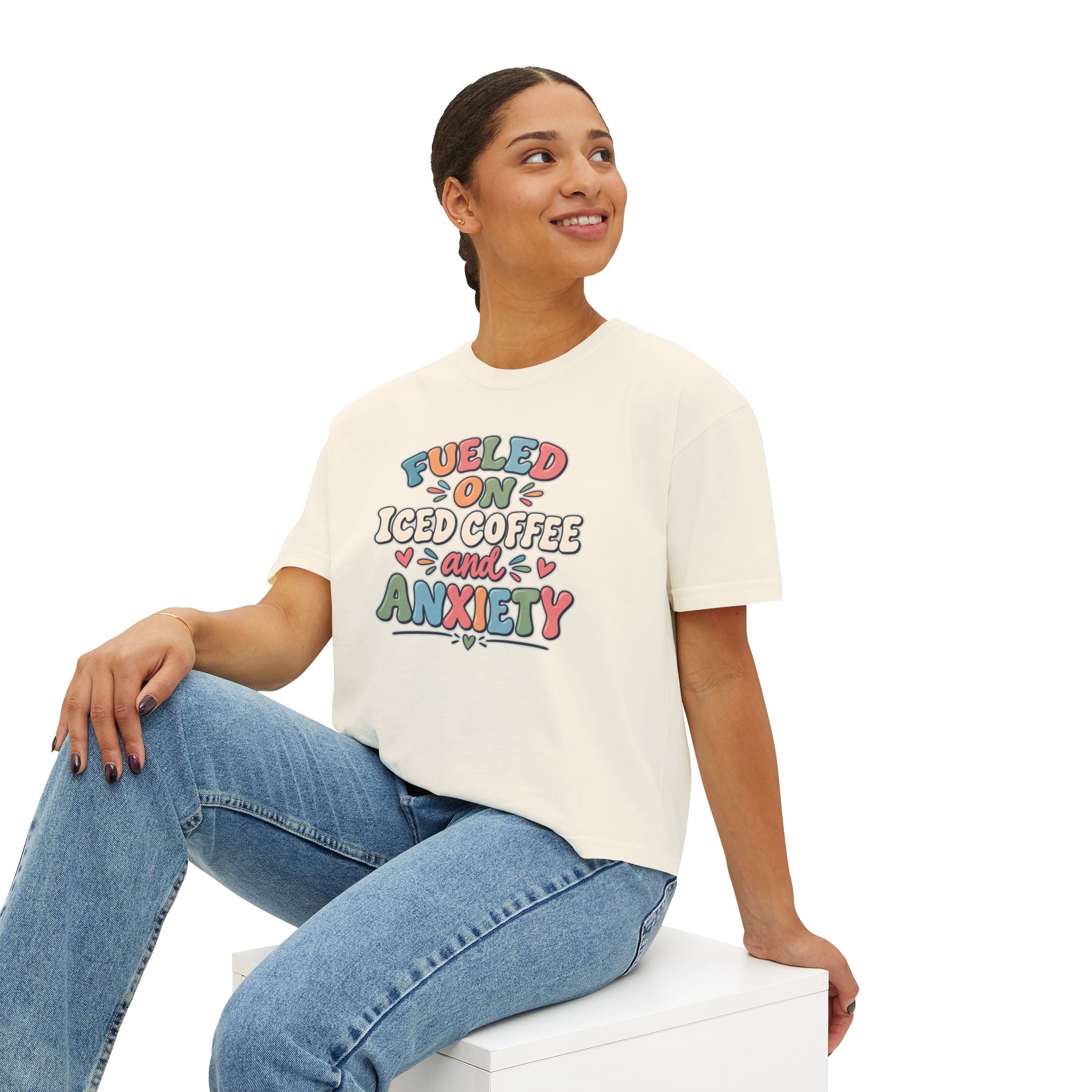 Fueled On Iced Coffee And Anxiety Boxy Tee, Women's Cute Retro Lettering Shirt, Funny Mental Health T-Shirt, Trendy Coffee Lover Gift