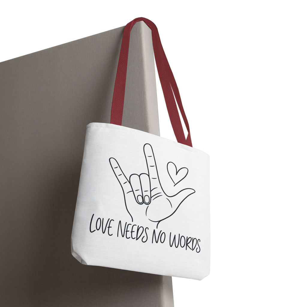 Love Needs No Words Tote Bag, ASL I Love You Hand Illustration Canvas Bag, Autism Acceptance Tote, Sign Language Nonverbal Gift