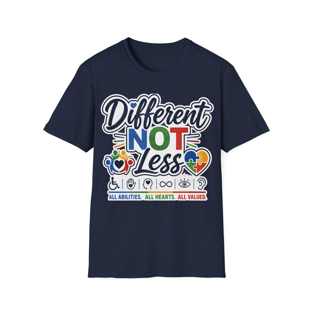 Different NOT Less T-Shirt | Disability Pride, Inclusive Rainbow Design