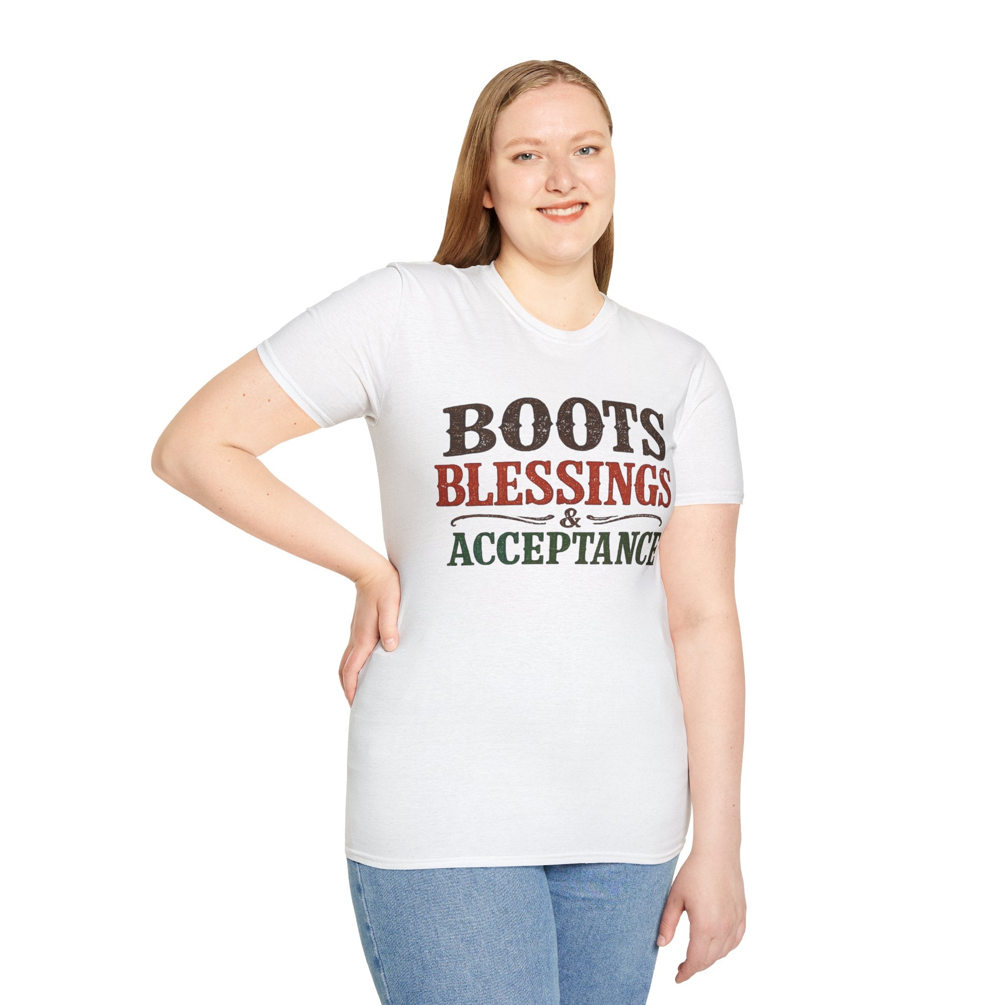 Boots Blessings & Acceptance T-Shirt | Western Typography, Rustic Faith Tee