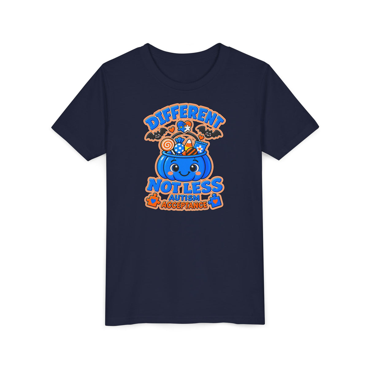 Different Not Less Halloween Shirt, Autism Acceptance Pumpkin Tee, Kids Halloween Autism Awareness T-Shirt, Trick or Treat Bucket Gift