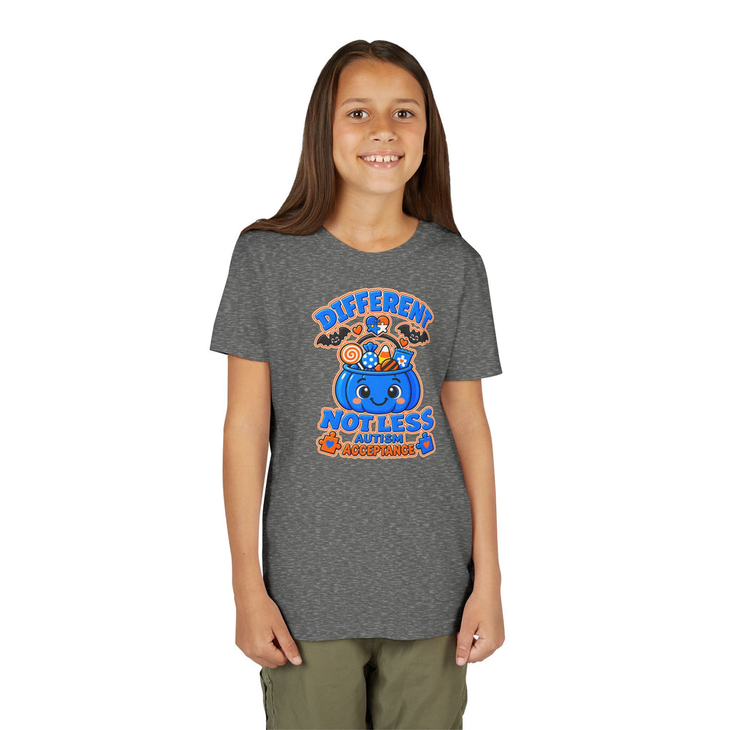 Different Not Less Halloween Shirt, Autism Acceptance Pumpkin Tee, Kids Halloween Autism Awareness T-Shirt, Trick or Treat Bucket Gift