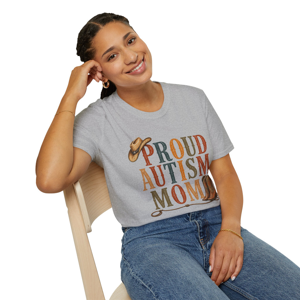 Proud Autism Mom T-Shirt — Rustic Western Cowboy Hat & Boots Design