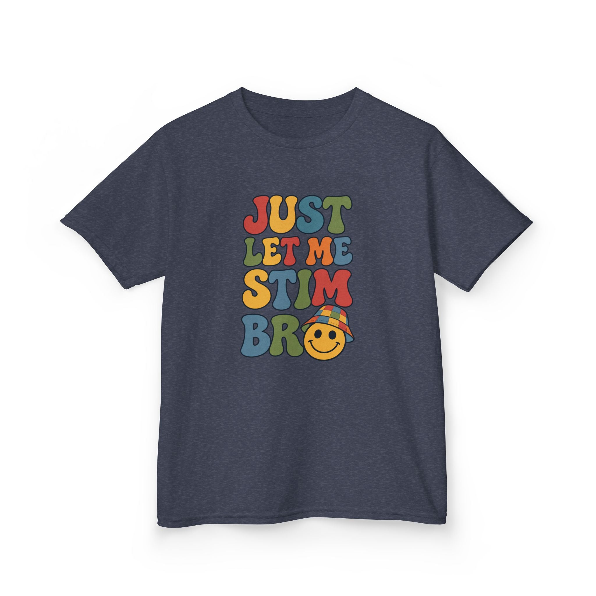Just Let Me Stim Bro Kids Tee, Retro Bubble Letters Smiley Face Shirt, Autism ADHD Neurodivergent Kids T-Shirt, Funny Sensory Gift