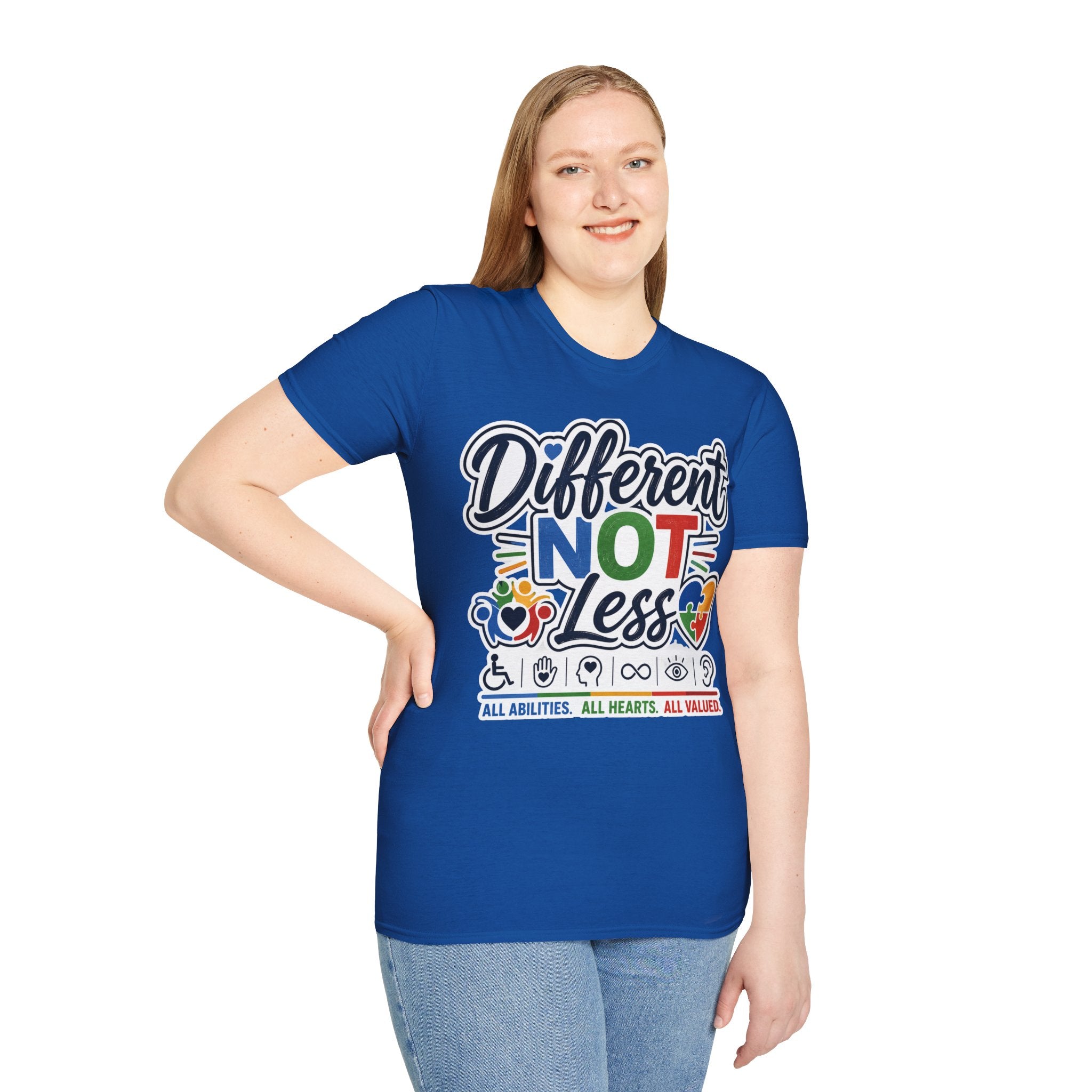 Different NOT Less T-Shirt | Disability Pride, Inclusive Rainbow Design