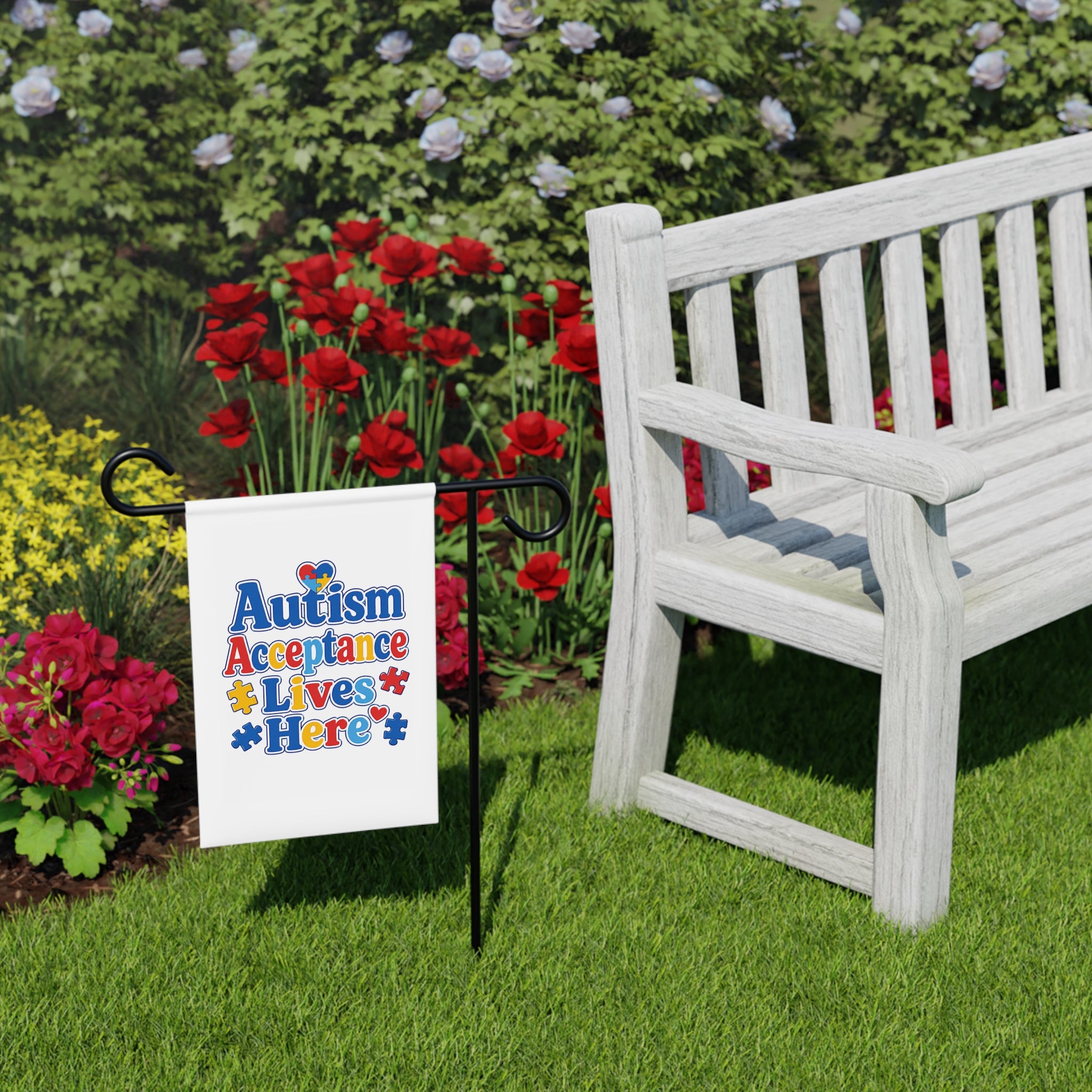 Autism Acceptance Lives Here Garden Banner | Puzzle Piece Welcome Flag