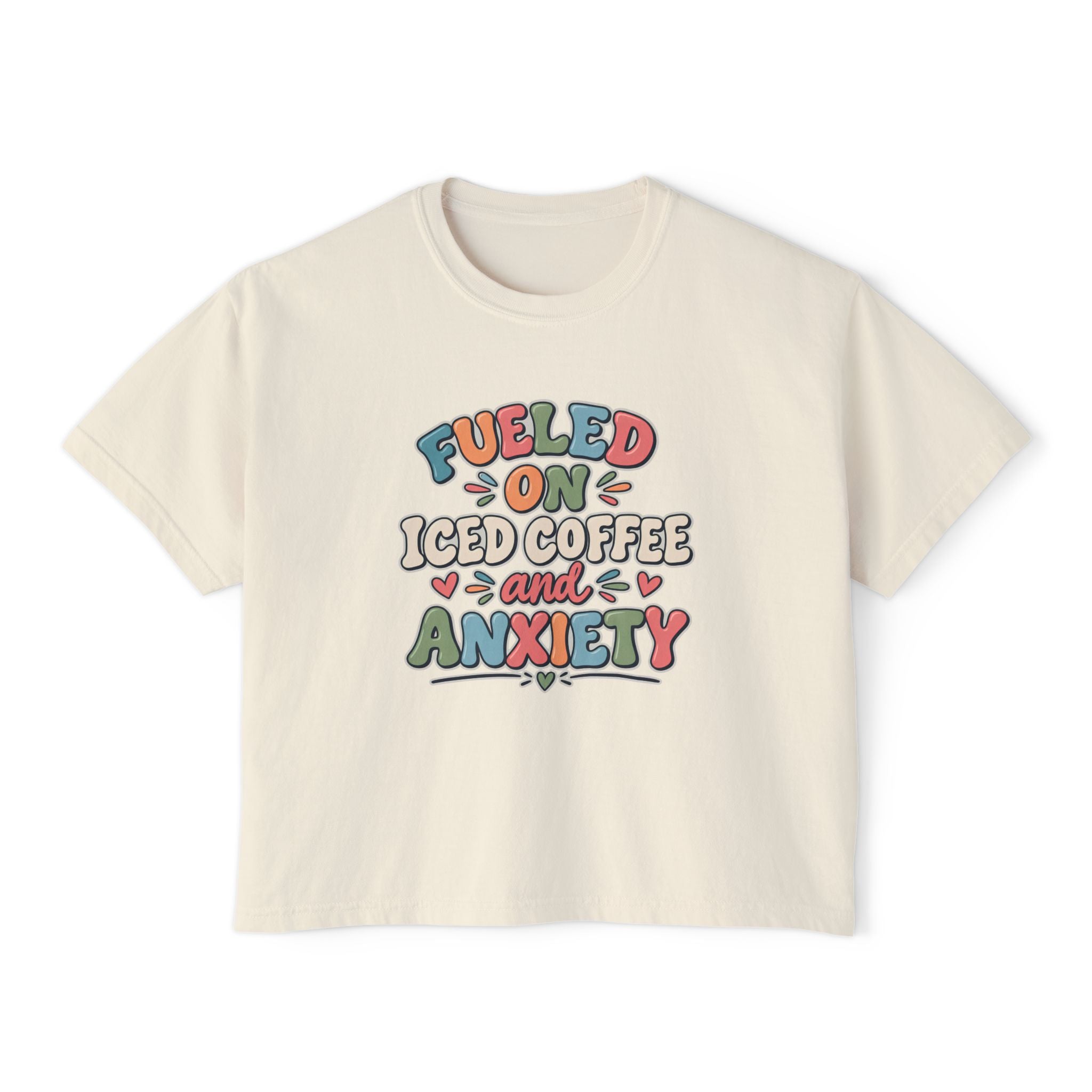 Fueled On Iced Coffee And Anxiety Boxy Tee, Women's Cute Retro Lettering Shirt, Funny Mental Health T-Shirt, Trendy Coffee Lover Gift