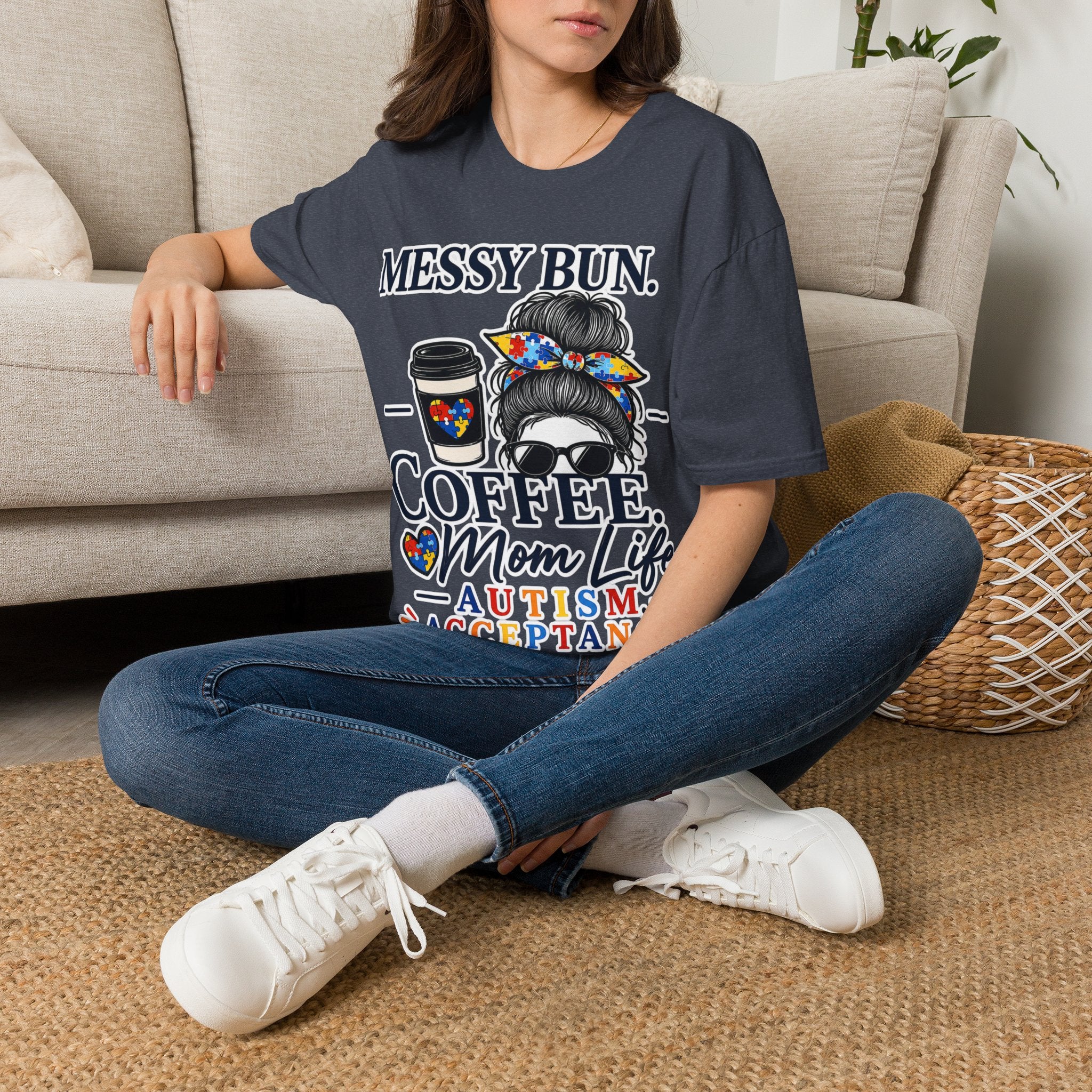 Messy Bun Coffee Mom Life Autism Acceptance Shirt | Autism Mom T-Shirt | Neurodiversity Support Tee | Special Needs Mom Gift