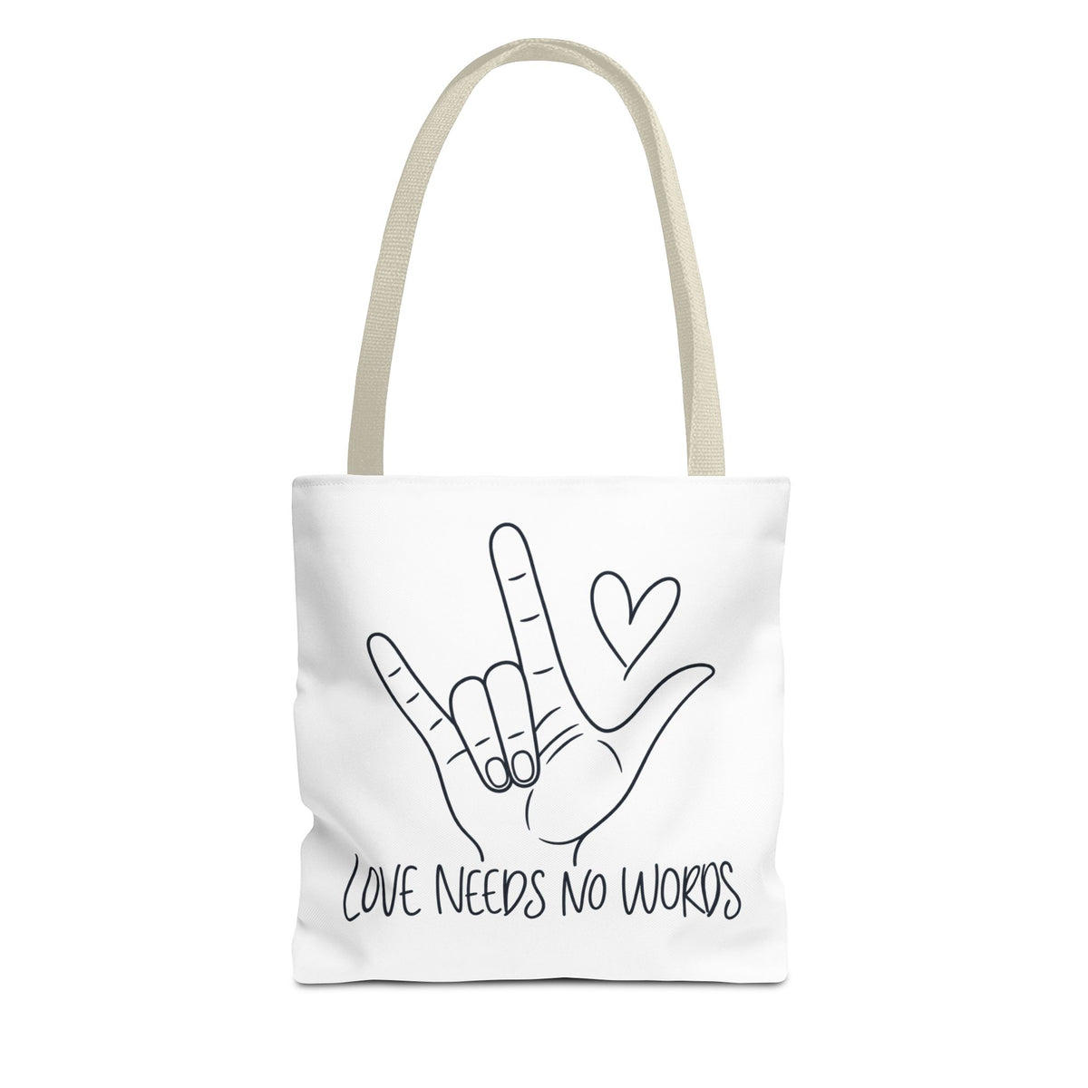 Love Needs No Words Tote Bag, ASL I Love You Hand Illustration Canvas Bag, Autism Acceptance Tote, Sign Language Nonverbal Gift