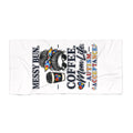 Messy Bun Coffee Mom Life Beach Towel | Autism Acceptance ribbon, colorful design