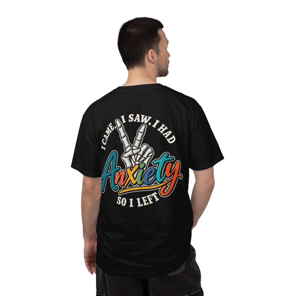 Anxiety Skeleton Peace Sign T-Shirt, I Came I Saw I Fled Retro Script Shirt, Funny Mental Health Tee, Anxiety Humor Gift