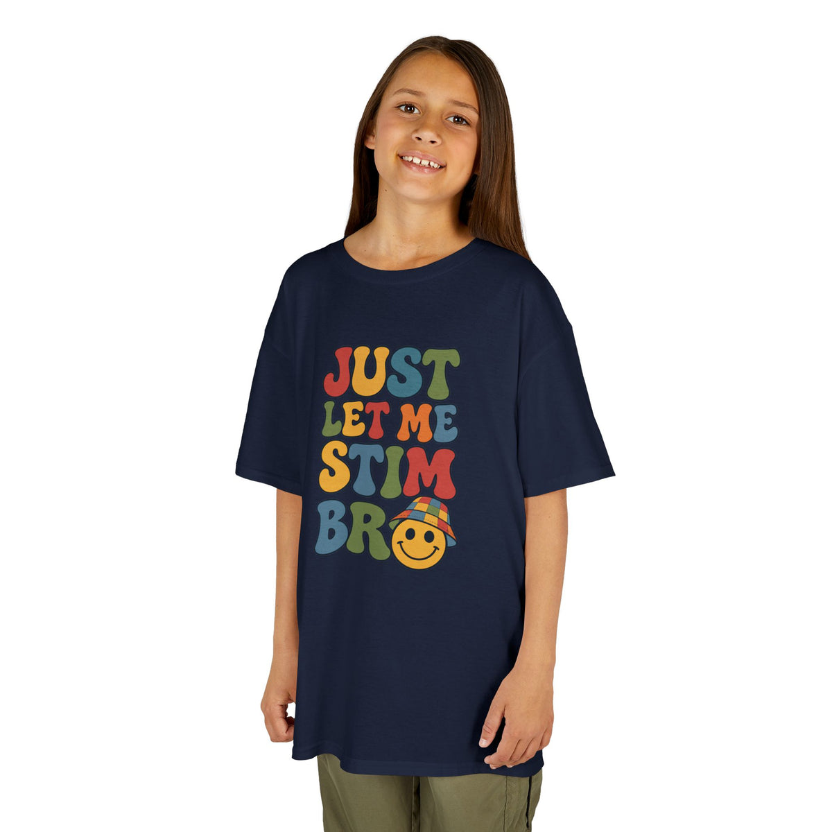 Just Let Me Stim Bro Kids Tee, Retro Bubble Letters Smiley Face Shirt, Autism ADHD Neurodivergent Kids T-Shirt, Funny Sensory Gift