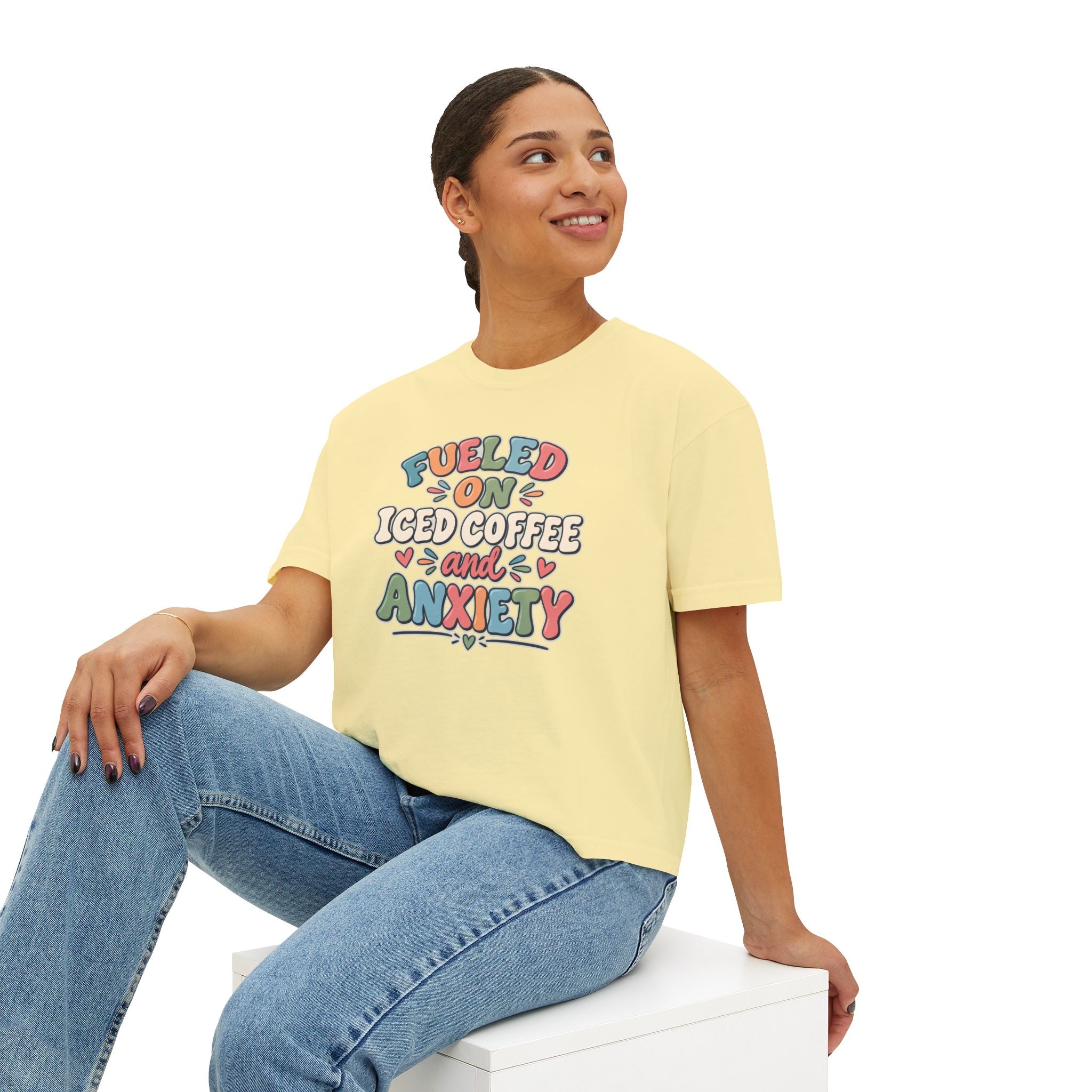 Fueled On Iced Coffee And Anxiety Boxy Tee, Women's Cute Retro Lettering Shirt, Funny Mental Health T-Shirt, Trendy Coffee Lover Gift