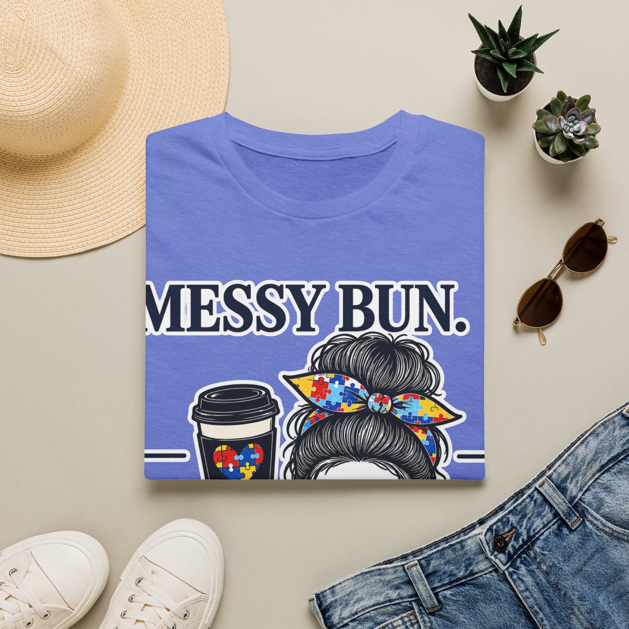 Messy Bun Coffee Mom Life Autism Acceptance Shirt | Autism Mom T-Shirt | Neurodiversity Support Tee | Special Needs Mom Gift