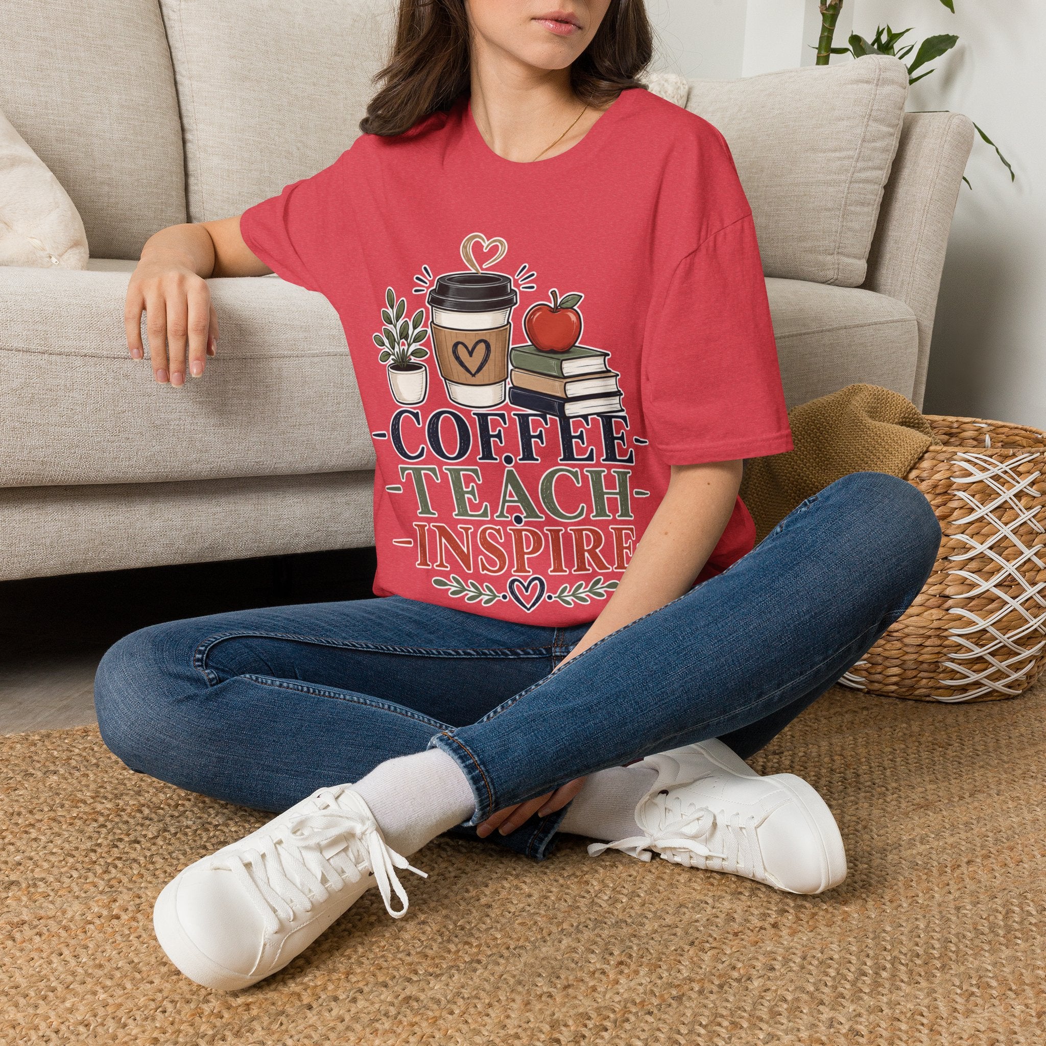 Coffee Teach Inspire Shirt | Teacher T-Shirt | Coffee Books Apple Graphic Tee | Elementary Teacher Gift | Back to School Apparel