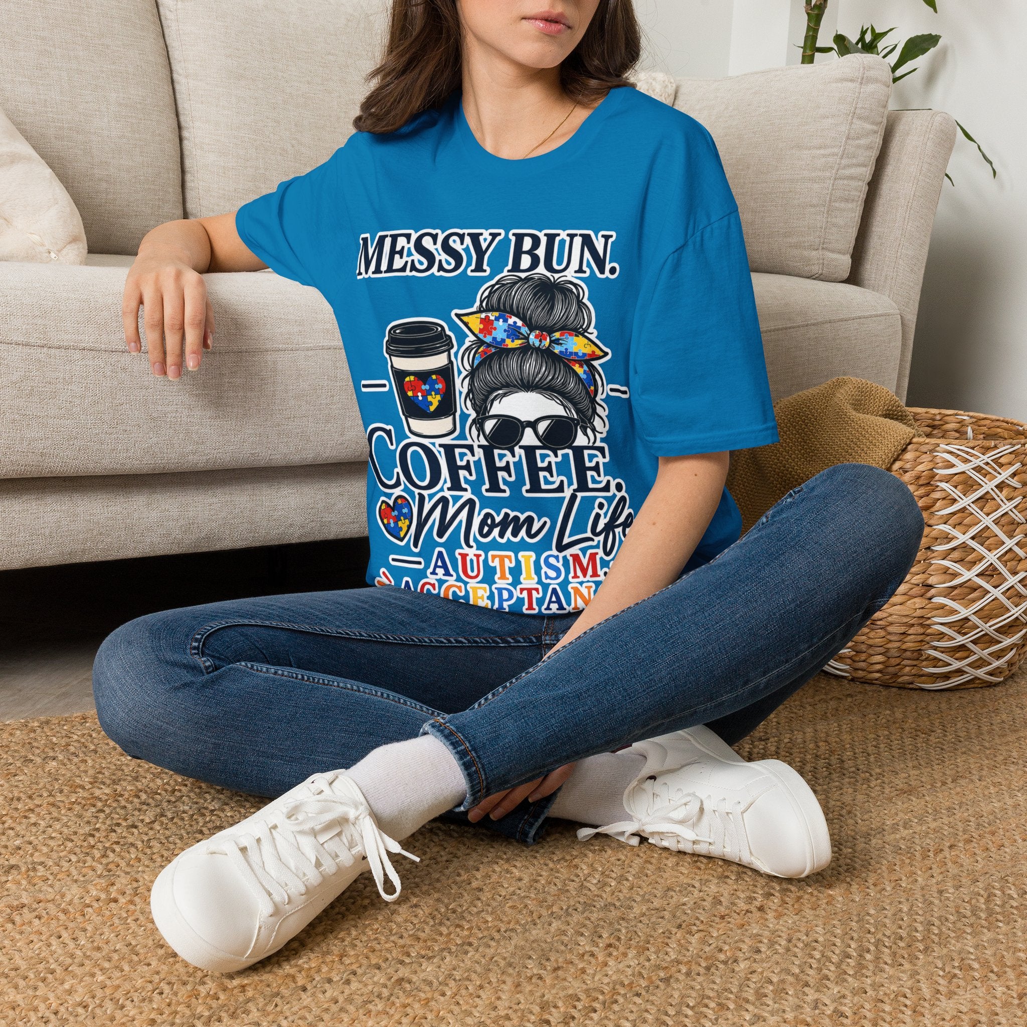 Messy Bun Coffee Mom Life Autism Acceptance Shirt | Autism Mom T-Shirt | Neurodiversity Support Tee | Special Needs Mom Gift