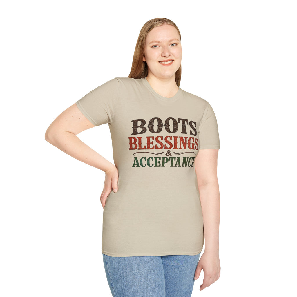 Boots Blessings & Acceptance T-Shirt | Western Typography, Rustic Faith Tee
