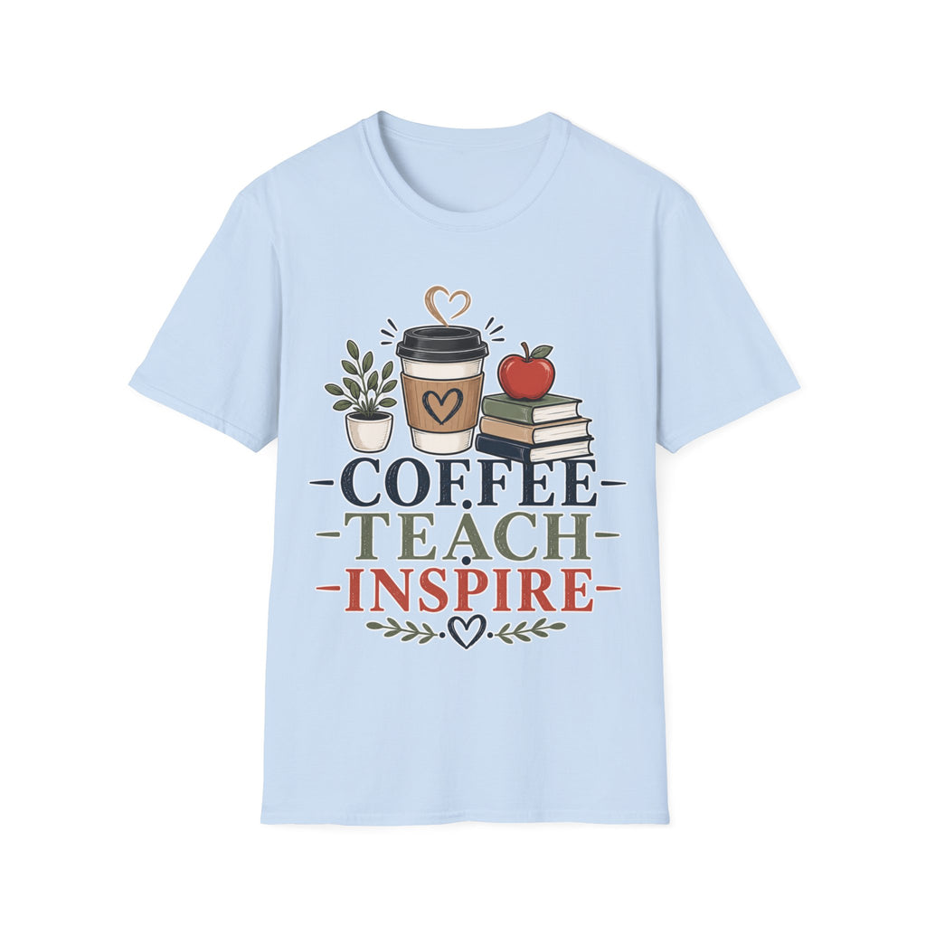 Coffee Teach Inspire Shirt | Teacher T-Shirt | Coffee Books Apple Graphic Tee | Elementary Teacher Gift | Back to School Apparel