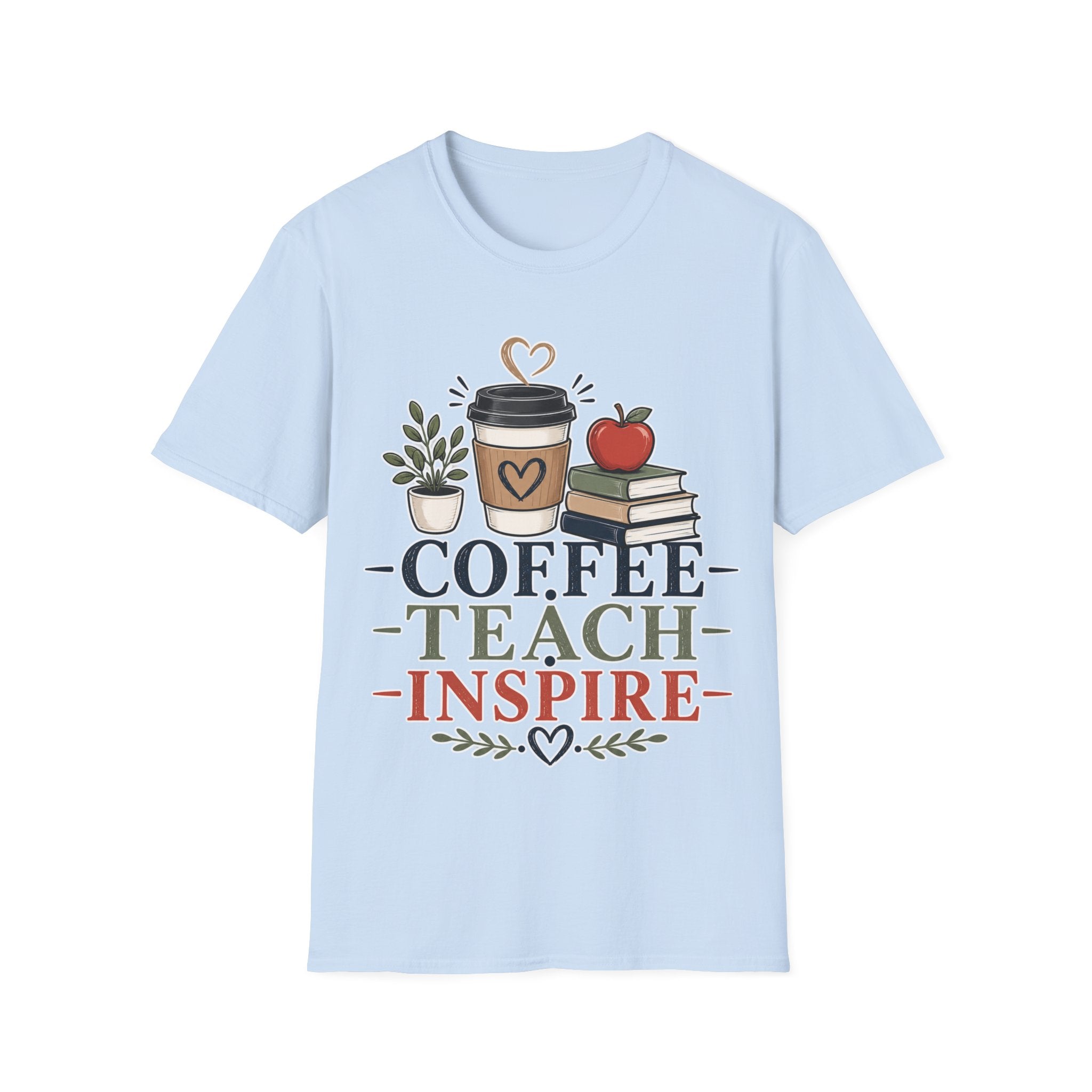 Coffee Teach Inspire Shirt | Teacher T-Shirt | Coffee Books Apple Graphic Tee | Elementary Teacher Gift | Back to School Apparel