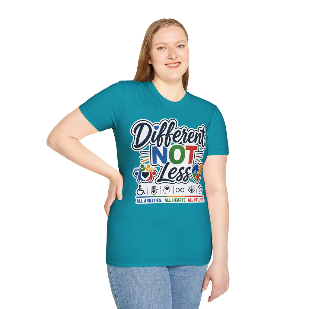 Different NOT Less T-Shirt | Disability Pride, Inclusive Rainbow Design