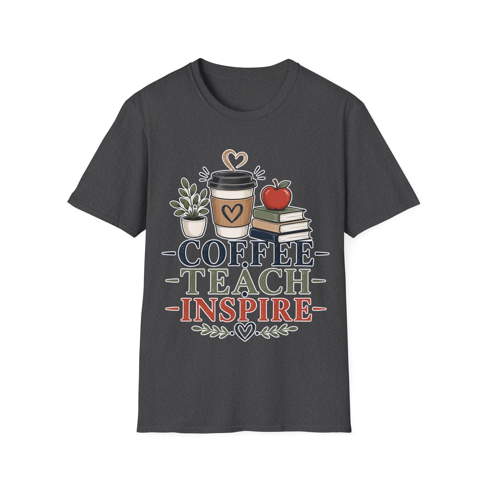 Coffee Teach Inspire Shirt | Teacher T-Shirt | Coffee Books Apple Graphic Tee | Elementary Teacher Gift | Back to School Apparel