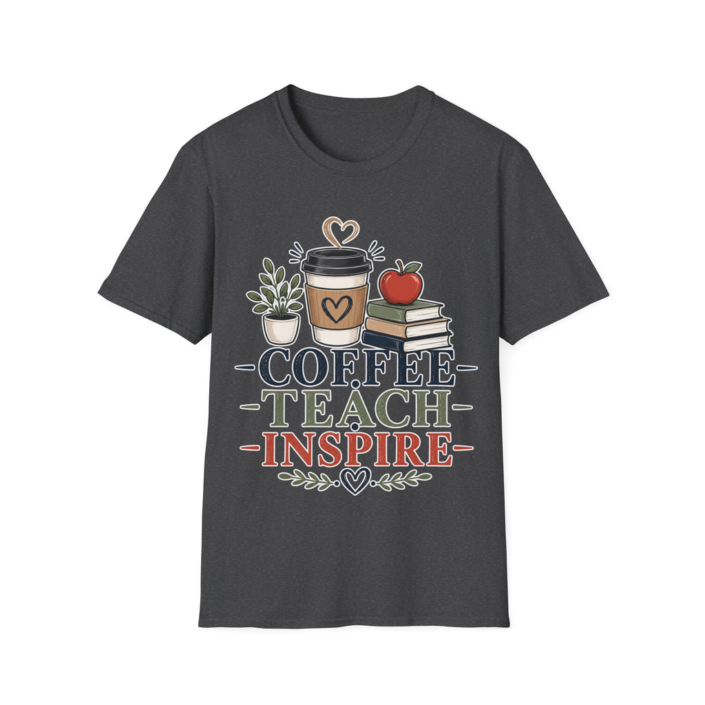 Coffee Teach Inspire Shirt | Teacher T-Shirt | Coffee Books Apple Graphic Tee | Elementary Teacher Gift | Back to School Apparel