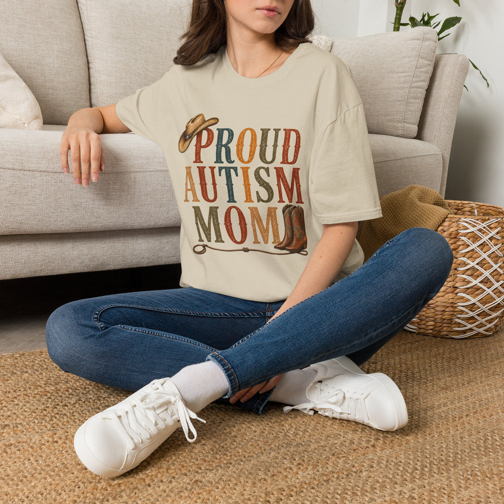 Proud Autism Mom T-Shirt — Rustic Western Cowboy Hat & Boots Design