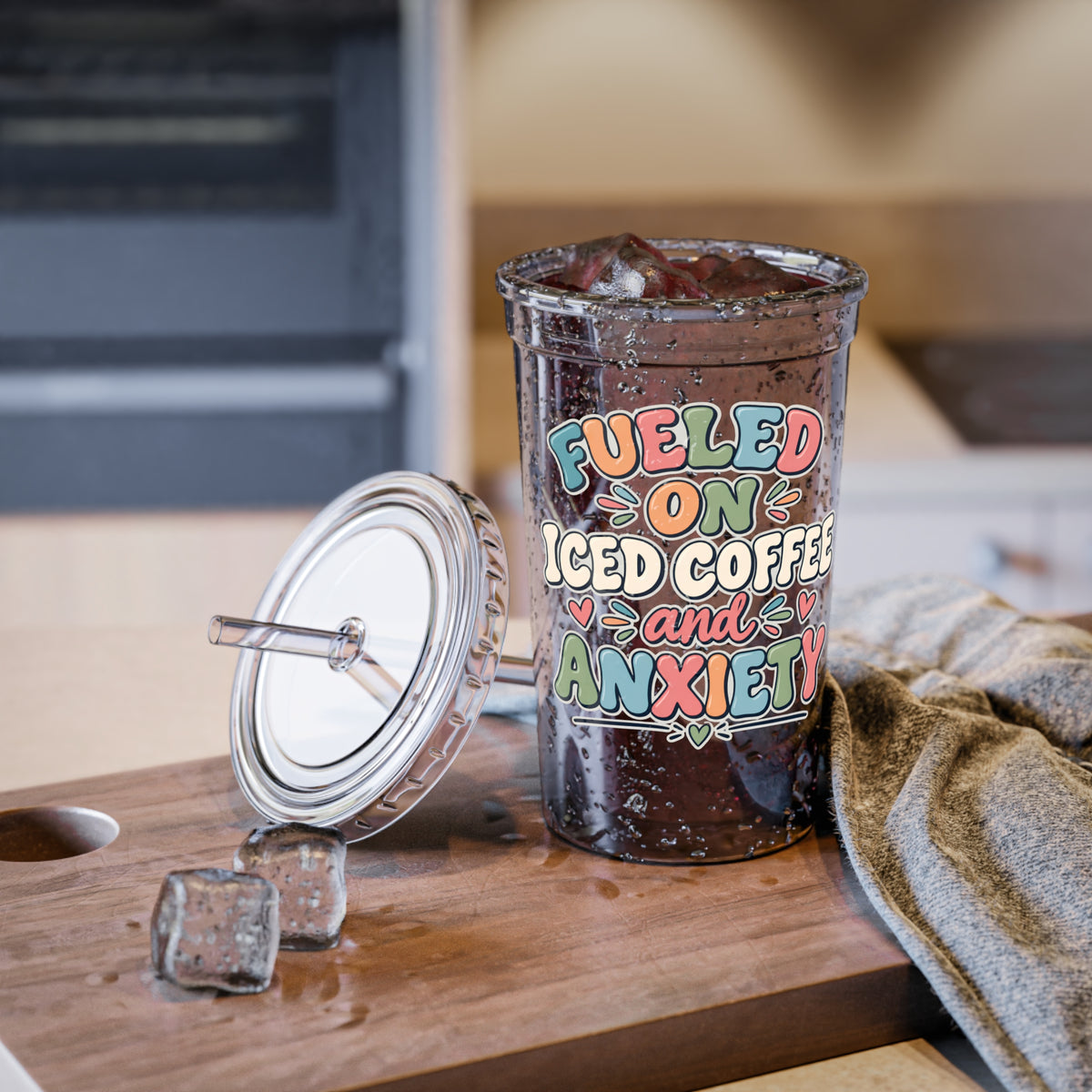 Fueled On Iced Coffee Anxiety Cup, Funny Mental Health Iced Coffee Cup, Anxiety Humor Tumbler, Coffee Lover Gift, Retro Bubble Letters