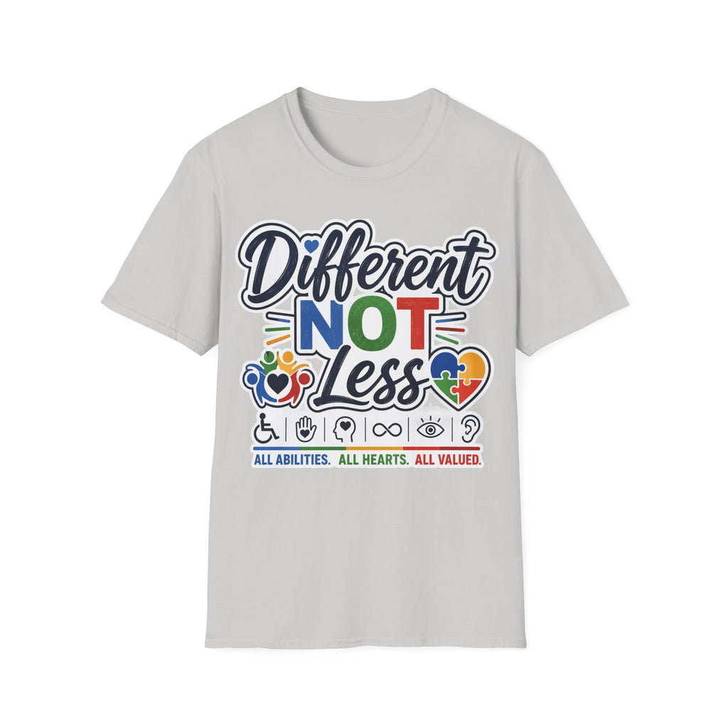 Different NOT Less T-Shirt | Disability Pride, Inclusive Rainbow Design