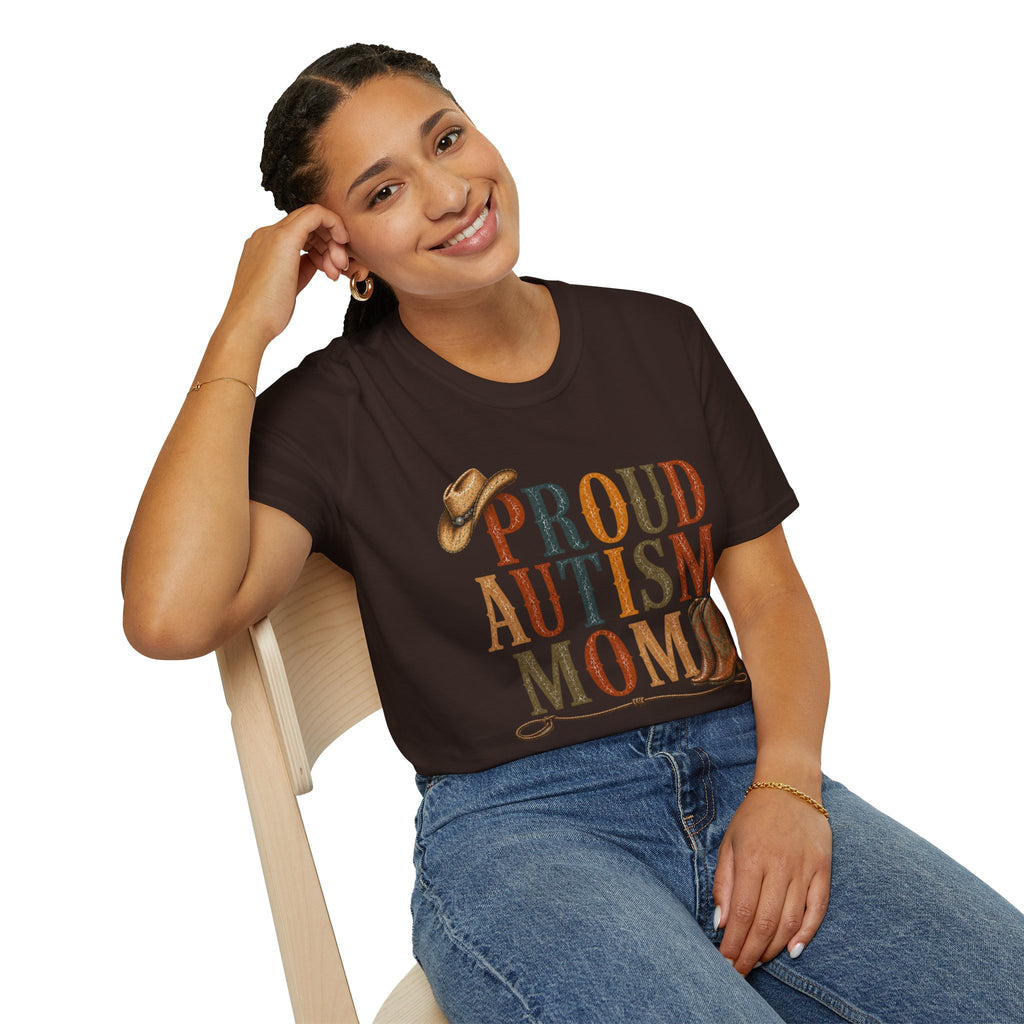 Proud Autism Mom T-Shirt — Rustic Western Cowboy Hat & Boots Design
