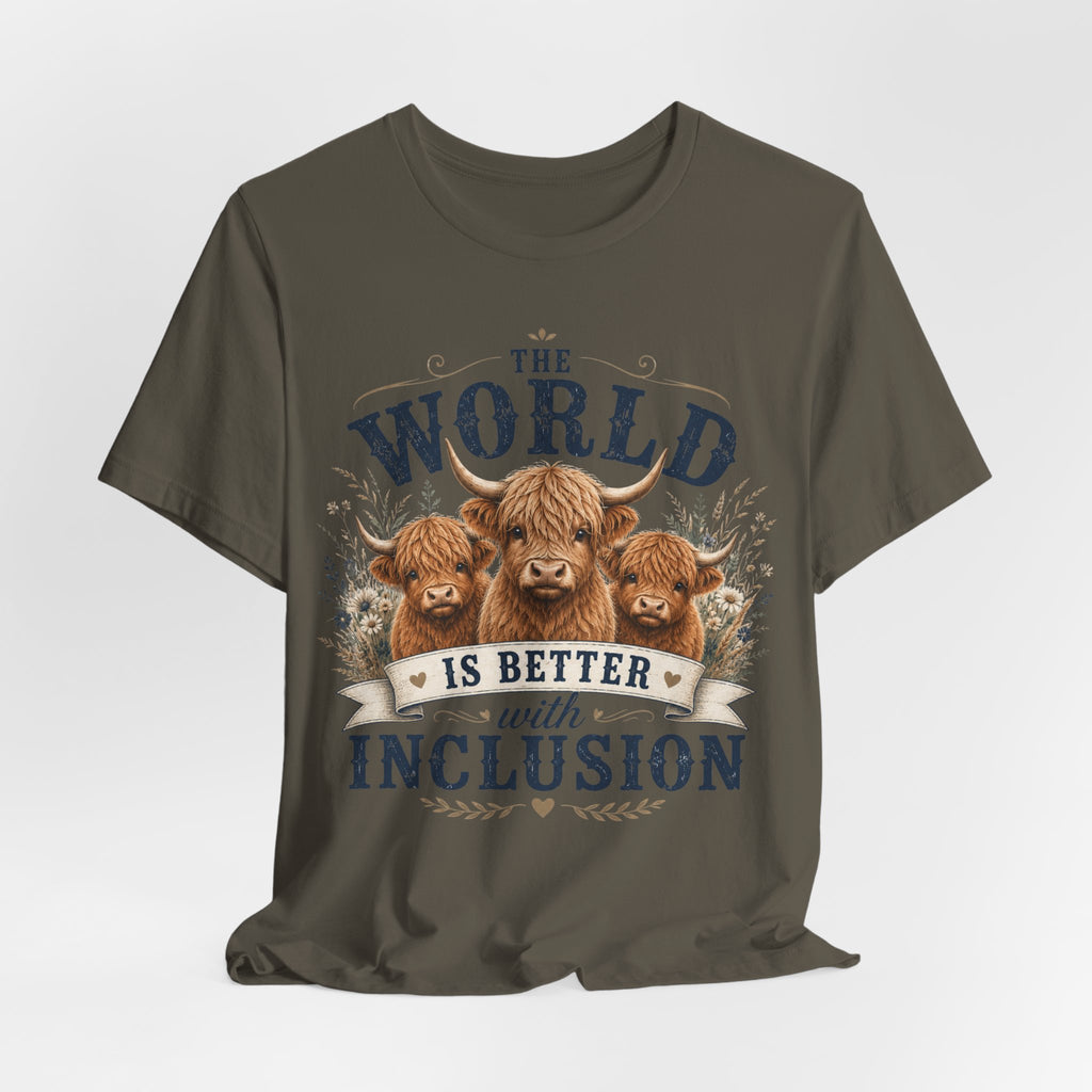 World is Better with Inclusion Tee | Highland Cows Illustration