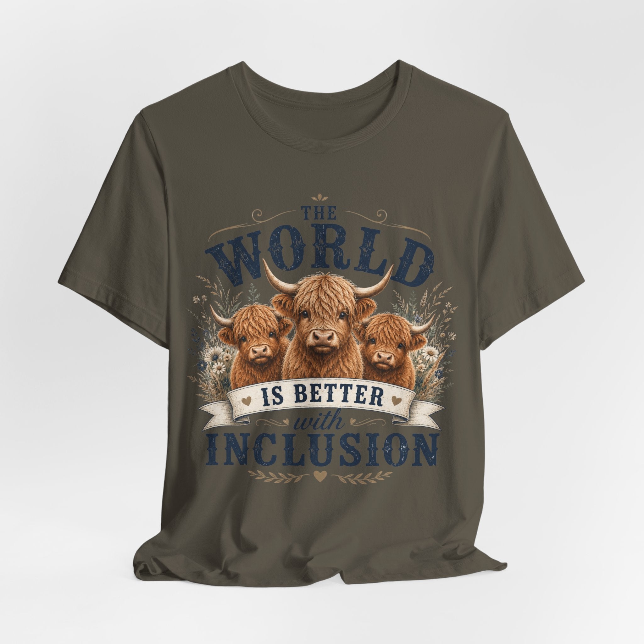 World is Better with Inclusion Tee | Highland Cows Illustration