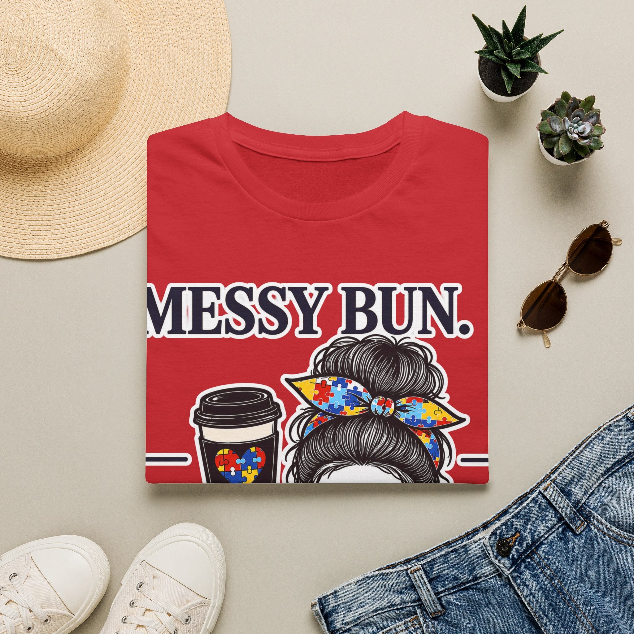 Messy Bun Coffee Mom Life Autism Acceptance Shirt | Autism Mom T-Shirt | Neurodiversity Support Tee | Special Needs Mom Gift