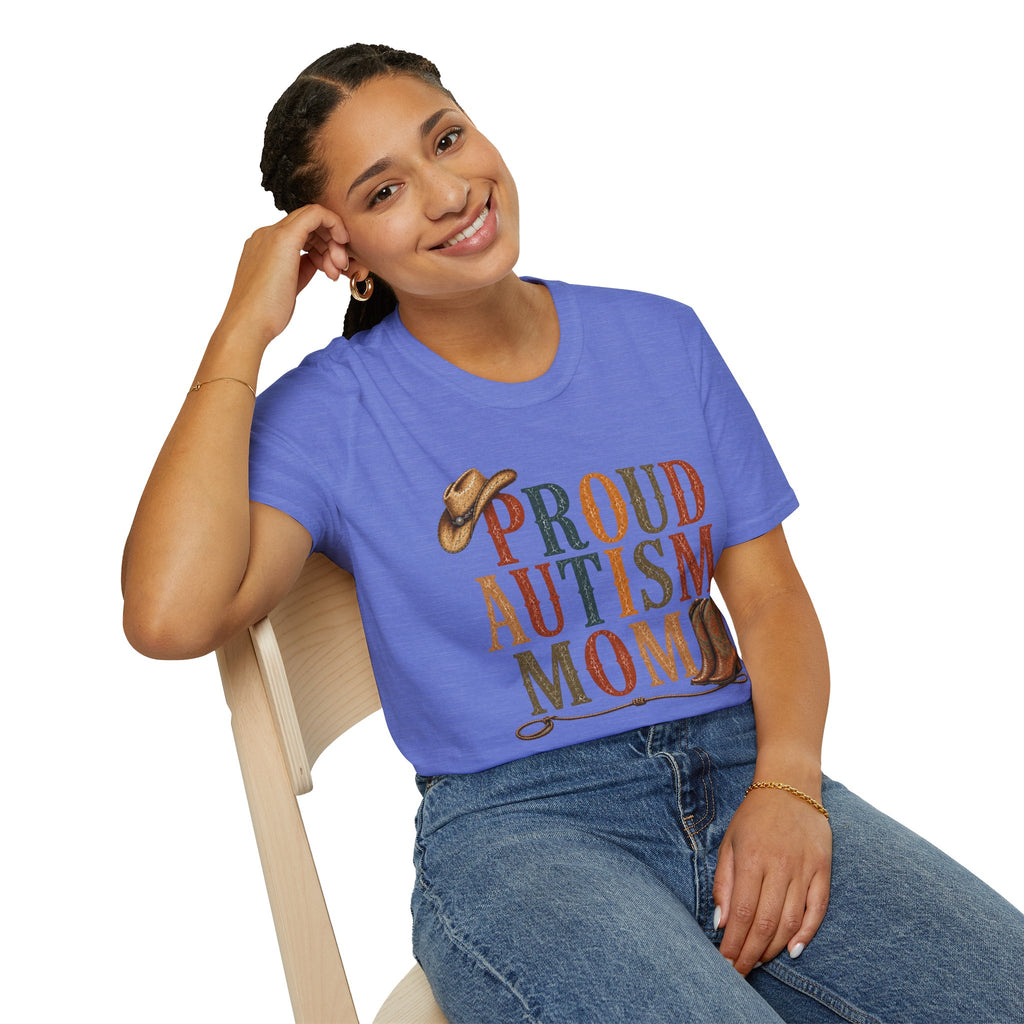 Proud Autism Mom T-Shirt — Rustic Western Cowboy Hat & Boots Design