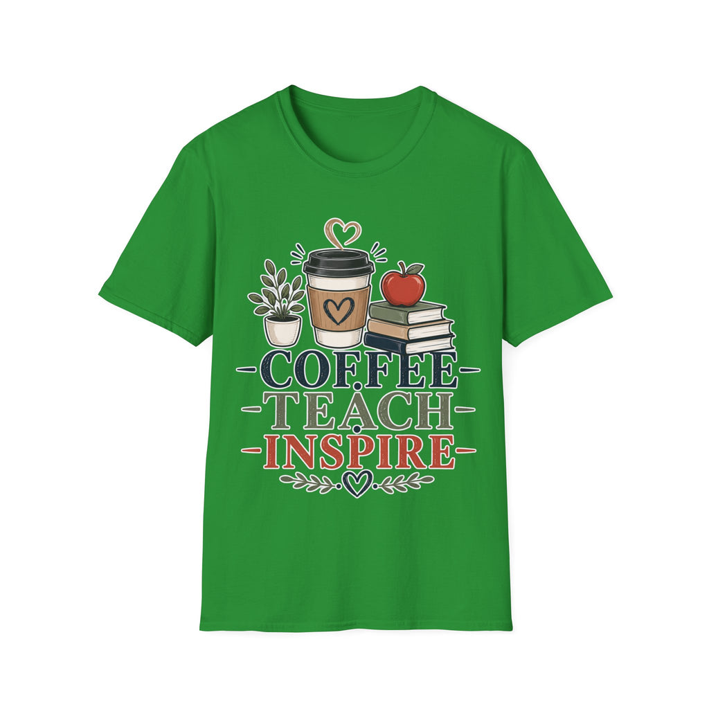 Coffee Teach Inspire Shirt | Teacher T-Shirt | Coffee Books Apple Graphic Tee | Elementary Teacher Gift | Back to School Apparel