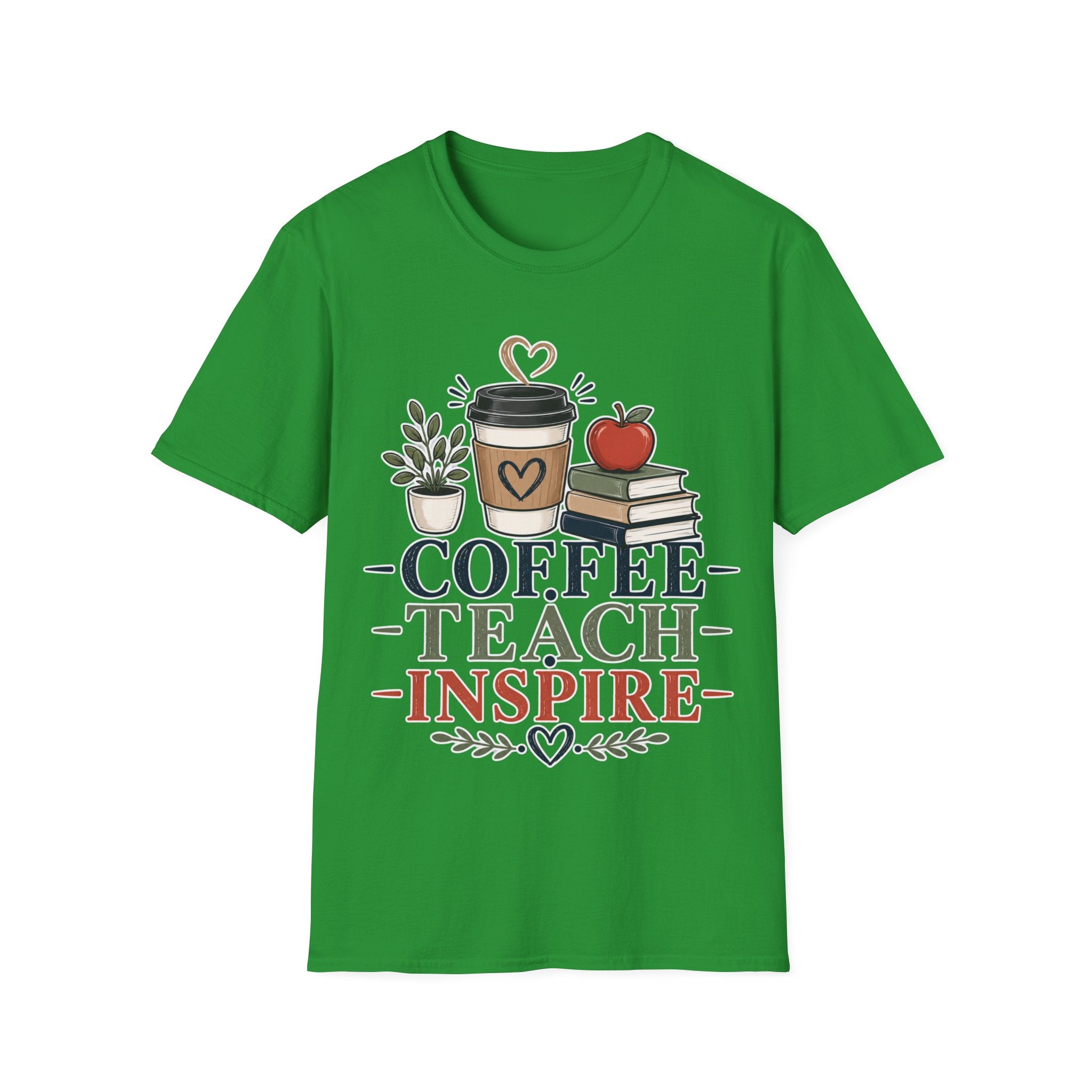 Coffee Teach Inspire Shirt | Teacher T-Shirt | Coffee Books Apple Graphic Tee | Elementary Teacher Gift | Back to School Apparel