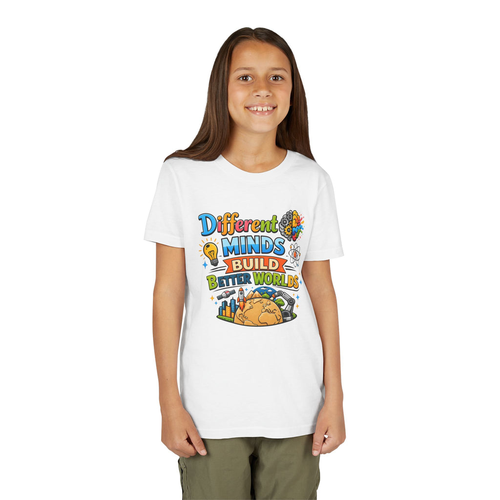 Different Minds Build Better Worlds Youth Tee | STEM, Creativity, Inclusion