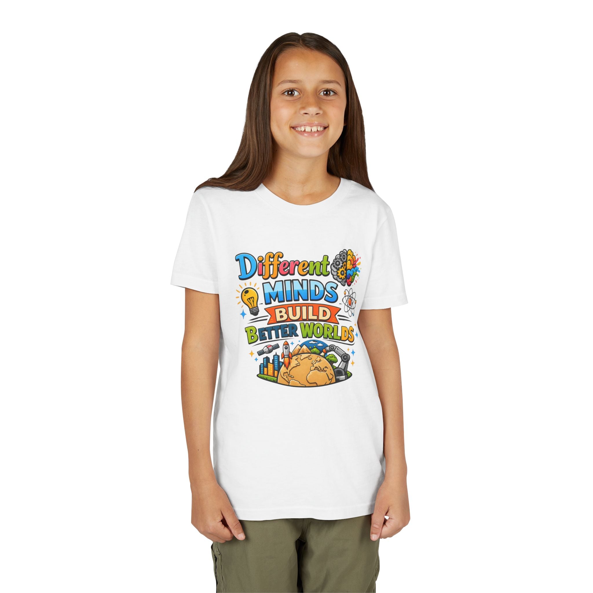Different Minds Build Better Worlds Youth Tee | STEM, Creativity, Inclusion
