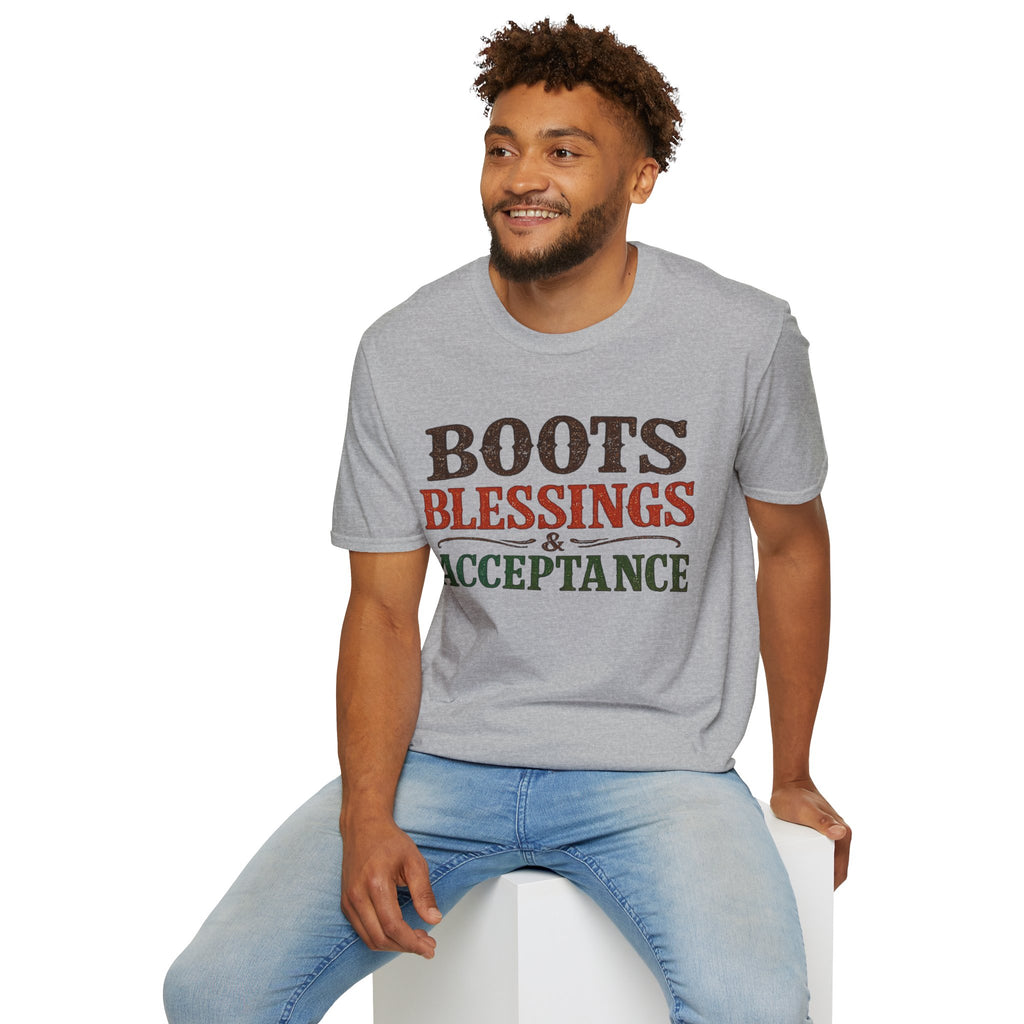 Boots Blessings & Acceptance T-Shirt | Western Typography, Rustic Faith Tee