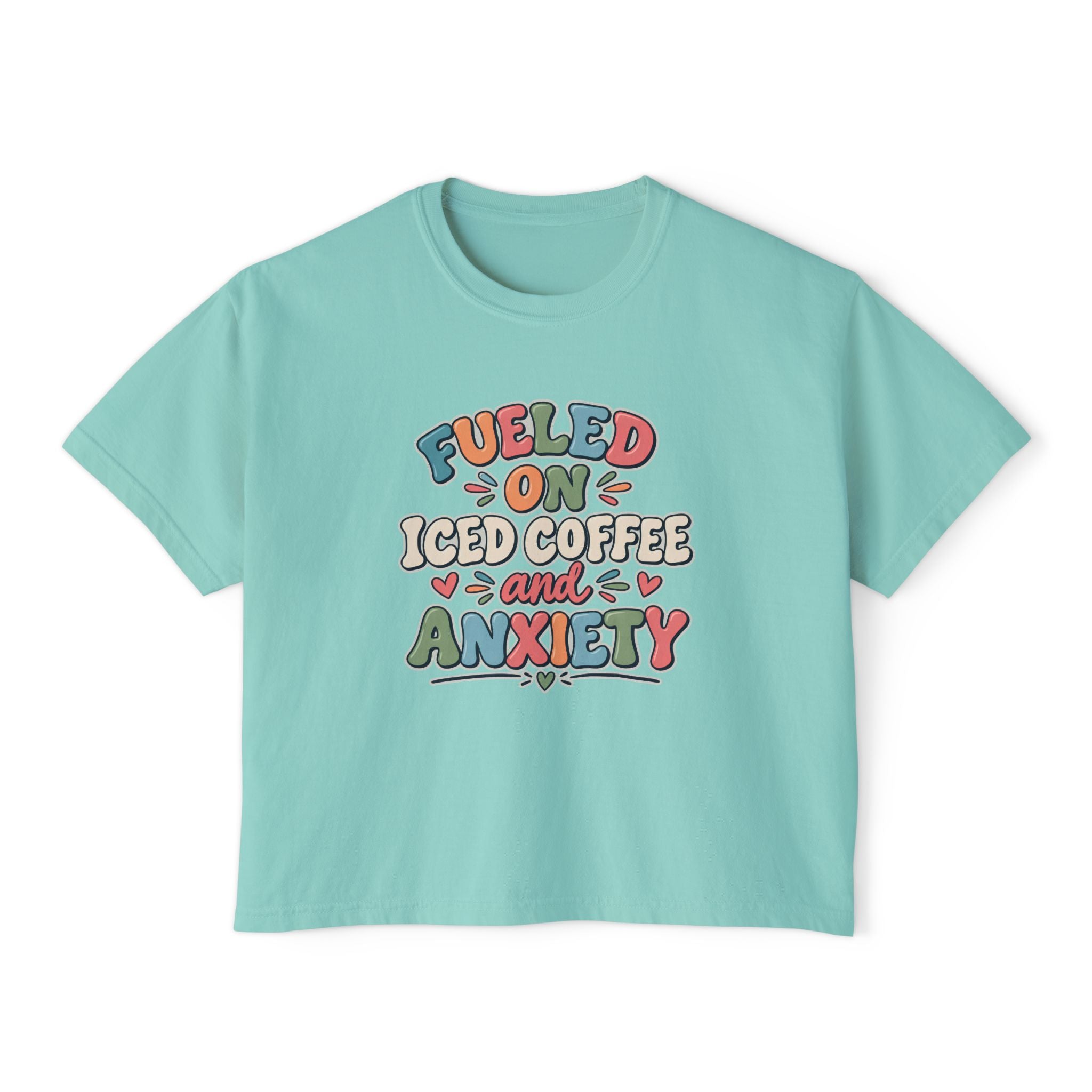 Fueled On Iced Coffee And Anxiety Boxy Tee, Women's Cute Retro Lettering Shirt, Funny Mental Health T-Shirt, Trendy Coffee Lover Gift